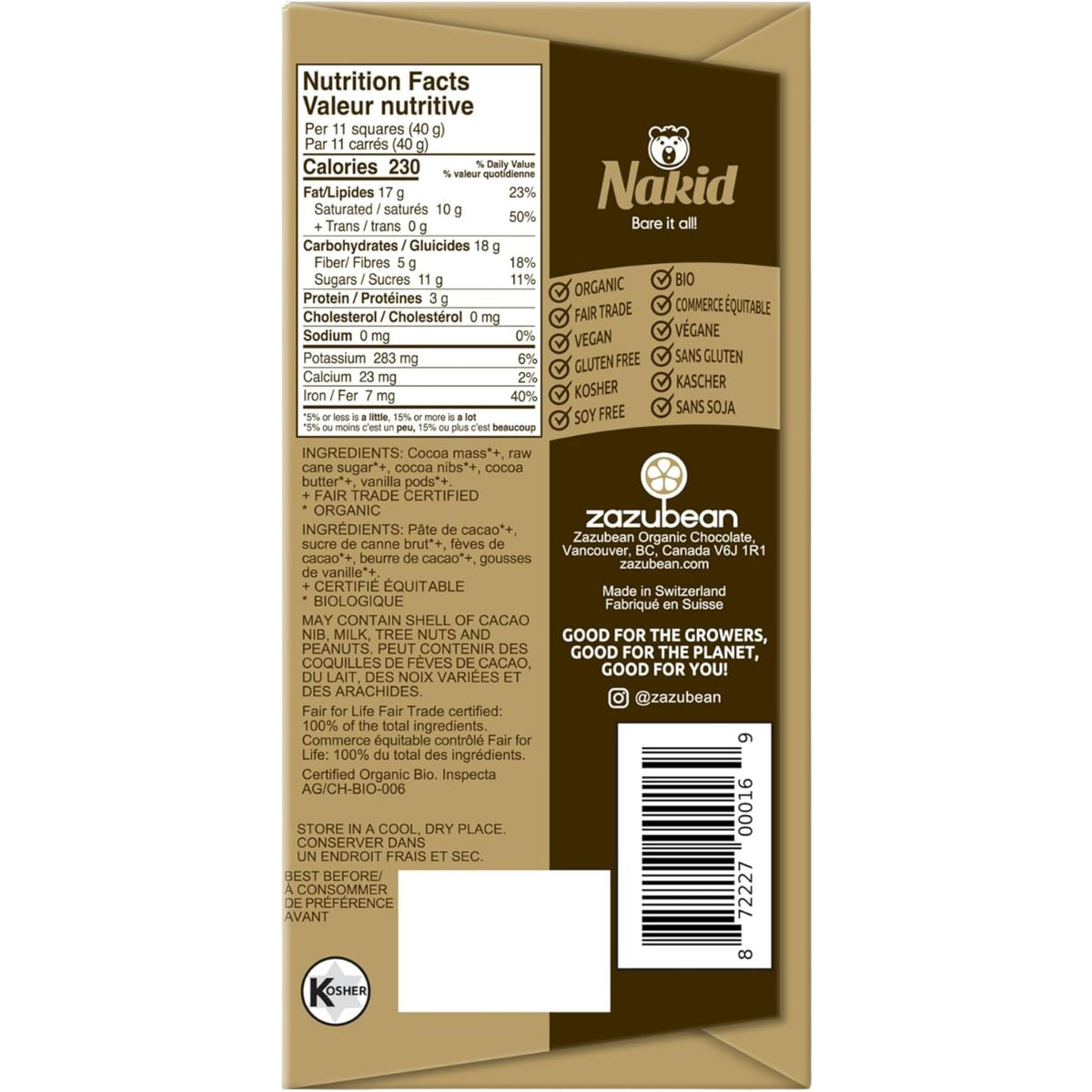 Zazubean Nakid Cocoa Nibs & Vanilla Dark Chocolate Bar 85g