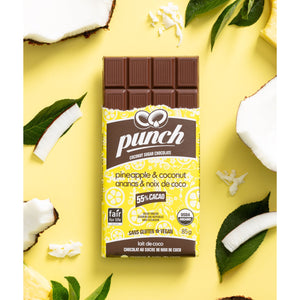 Zazubean Punch 55% Chocolate Bar, Pineapple Coconut, Coconut Sugar Sweetened 85g