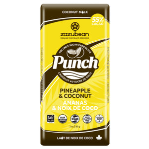 Zazubean Punch 55% Chocolate Bar, Pineapple Coconut, Coconut Sugar Sweetened 85g