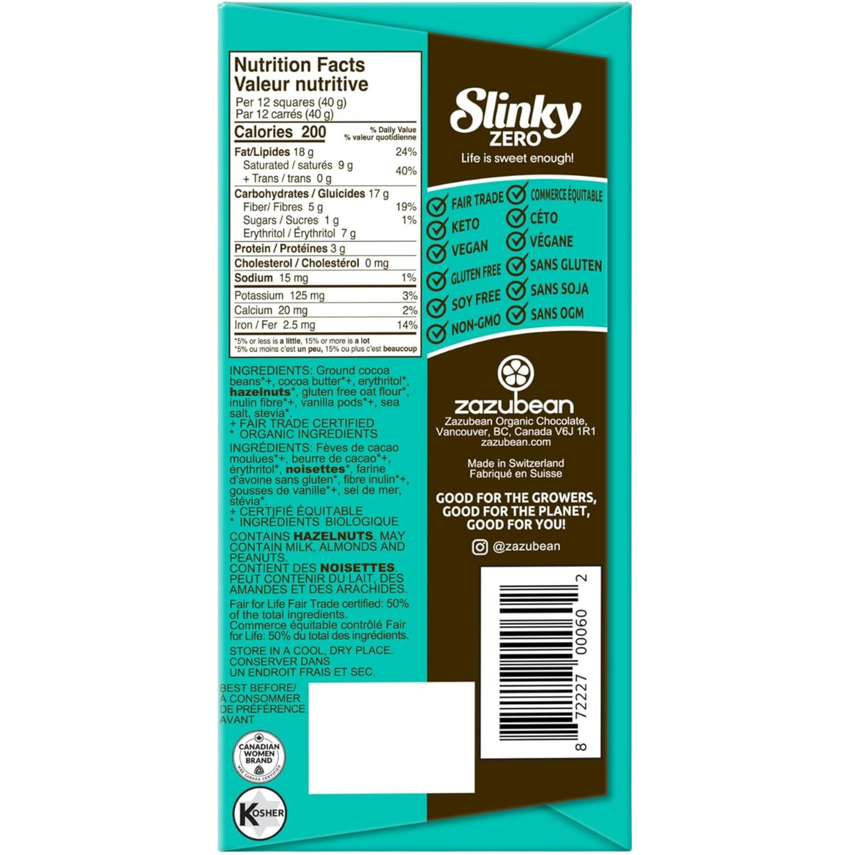 Zazubean Zero Added Sugar Keto Chocolate Bar - Creamy Hazelnut 80g