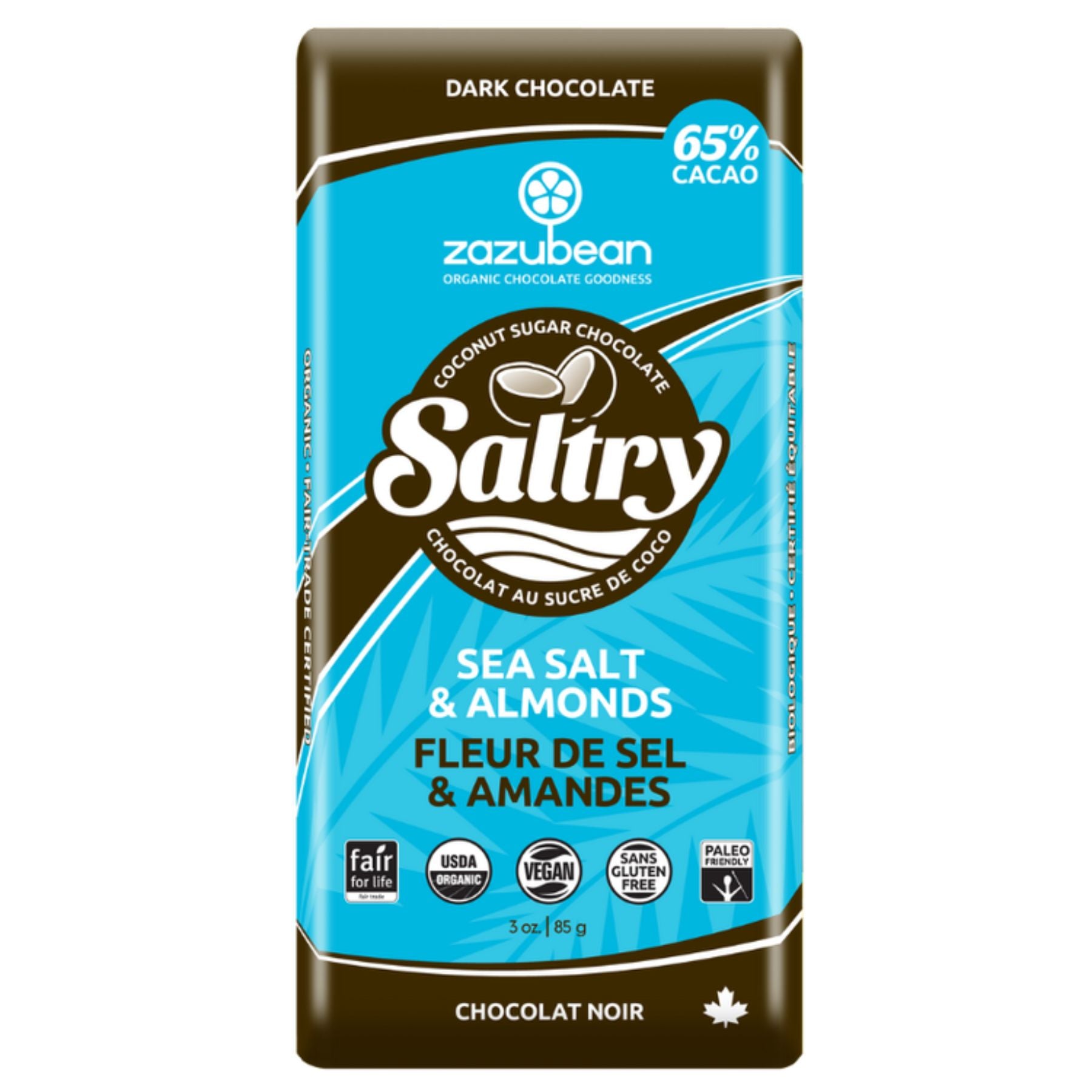 Zazubean Saltry 65% Chocolate Bar Sea Salt & Almonds, Coconut Sugar Sweetened 85g