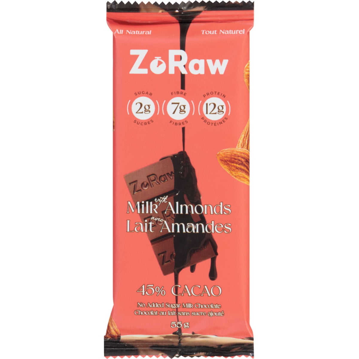 ZoRaw 45% Milk Chocolate & Almonds Bar with Protein 55g