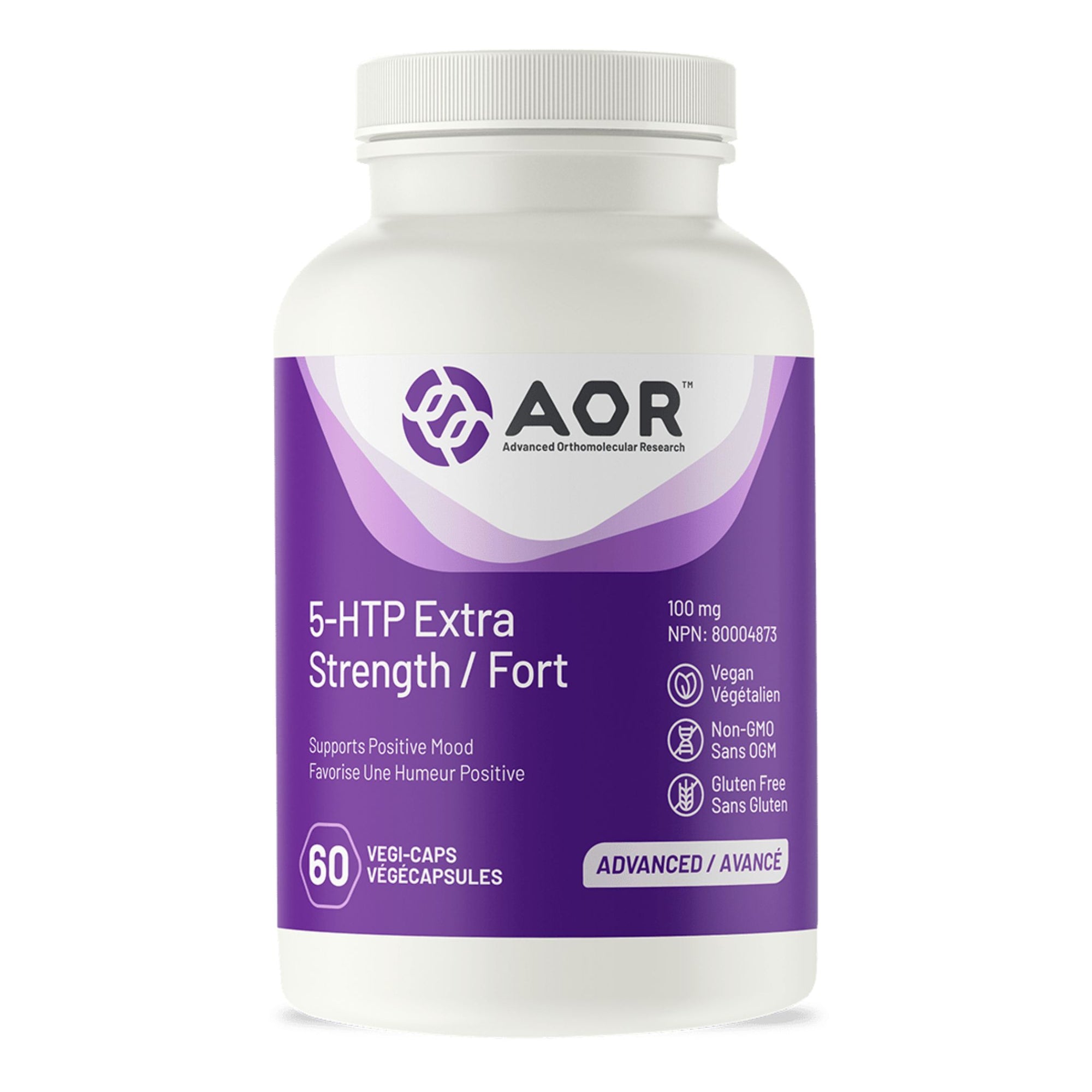 AOR 5-HTP Extra Strength 100mg 60 Vegetable Capsules - a supplement that Supports Positive Mood - Vegan. Non-GMO and Gluten Free.