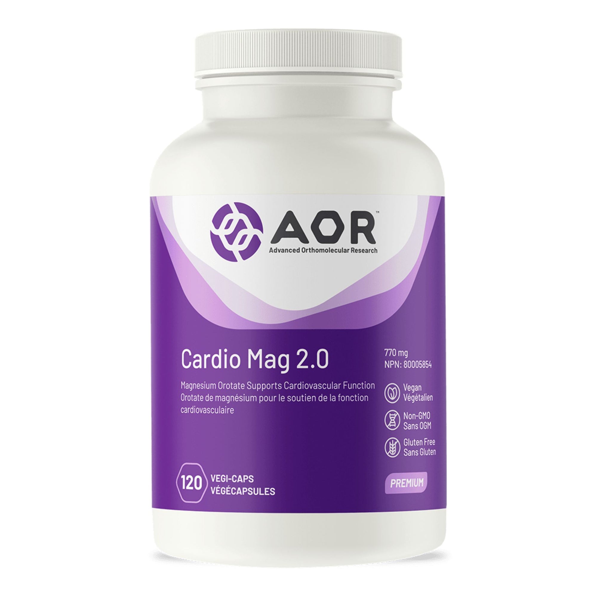 Bottle of AOR Cardio Mag 2.0 120 vegetable capsules - Magnesium orotate supports cardiovascular function - 770 mg - vegan, non-GMO, Gluten free
