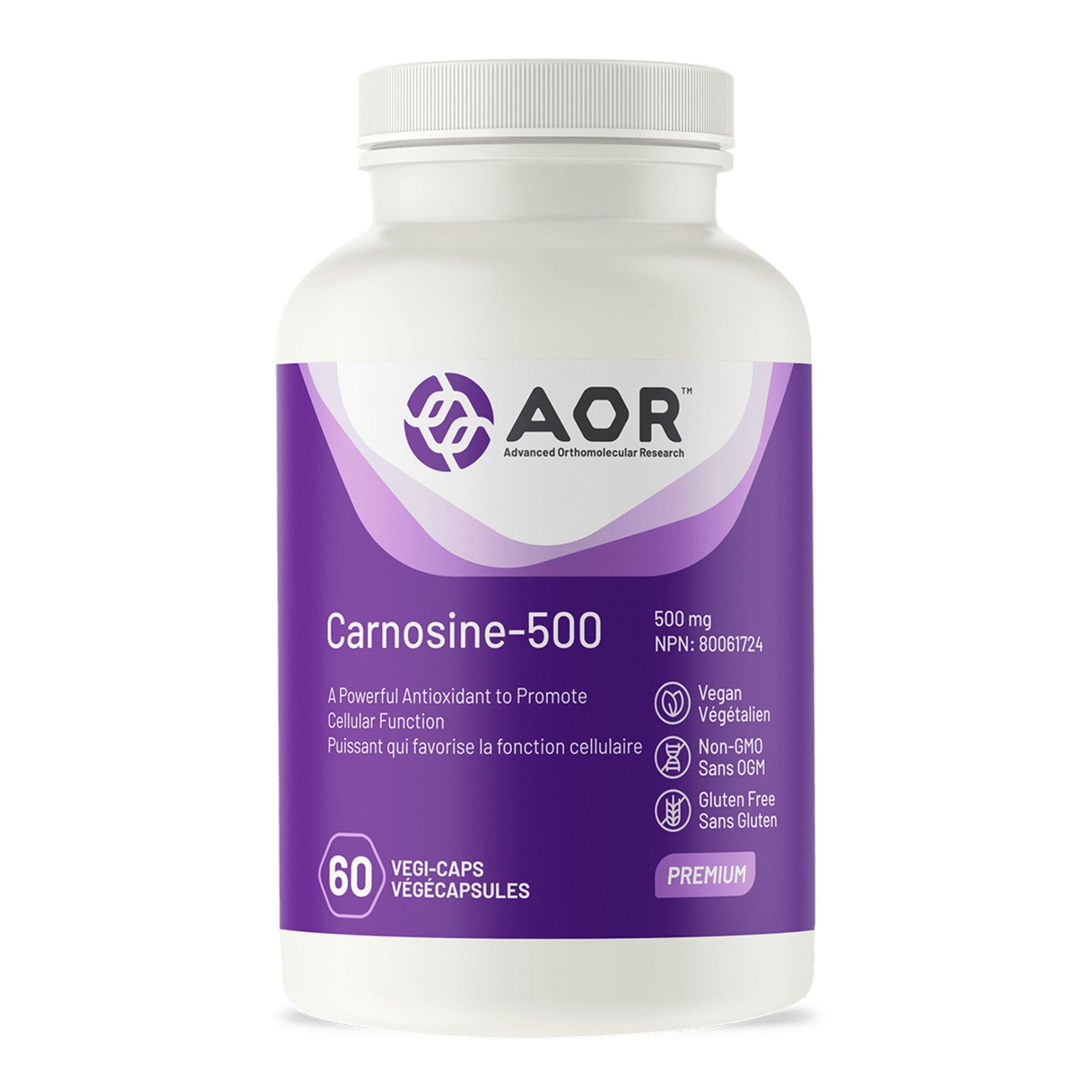 AOR Carnosine-500, 500mg 60 Vegetable Capsules - A powerful antioxidant supplement to promote cellular function.