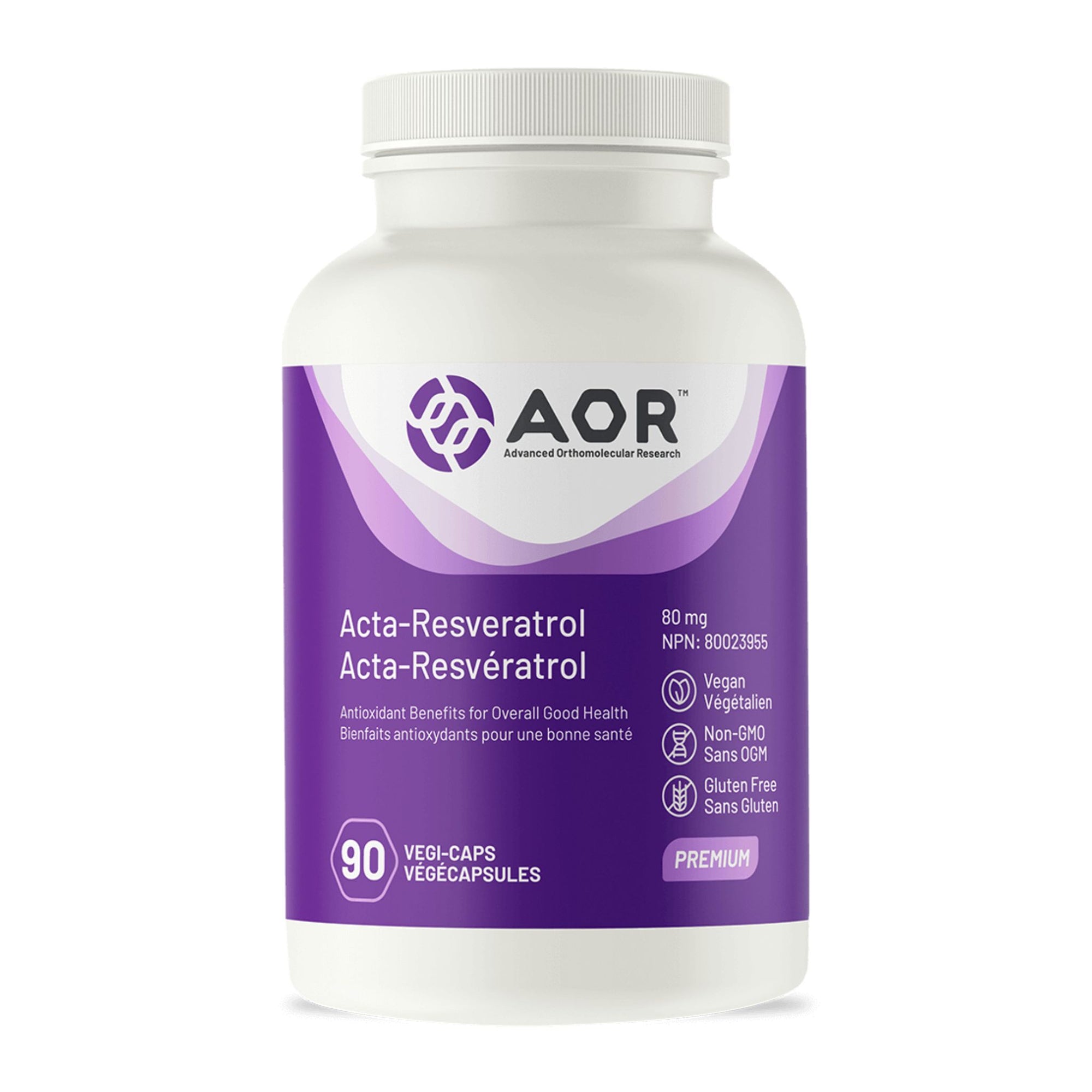 AOR Acta-resveratrol 90 vegetable capsules - 80mg - antioxidant benefits for overall good health - vegan, non-GMO, gluten free