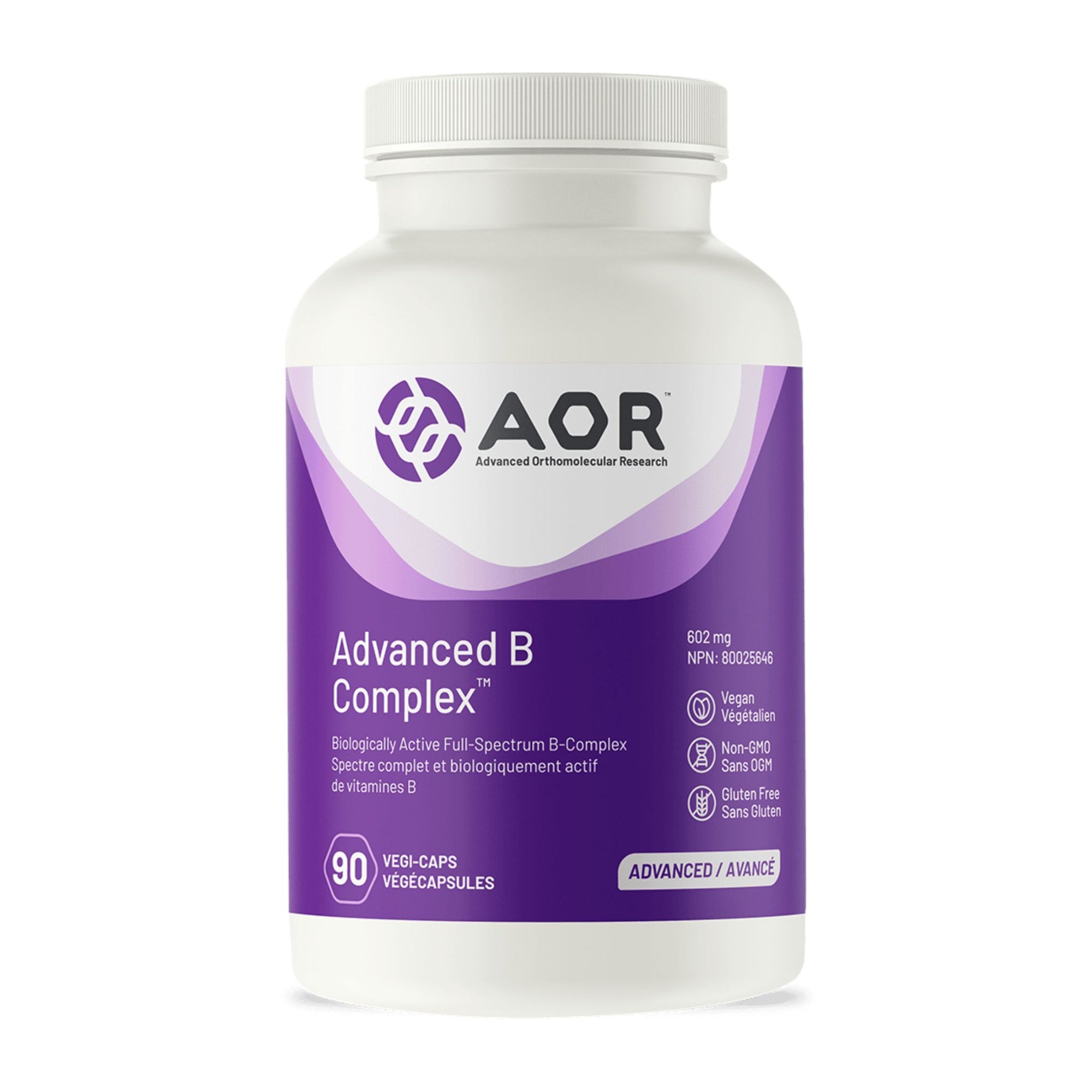 AOR Advanced B Complex 90 vegetable capsules - Biologically Active Full-Spectrum B-Complex - 602mg - Vegan, Non-GMO, Gluten Free 