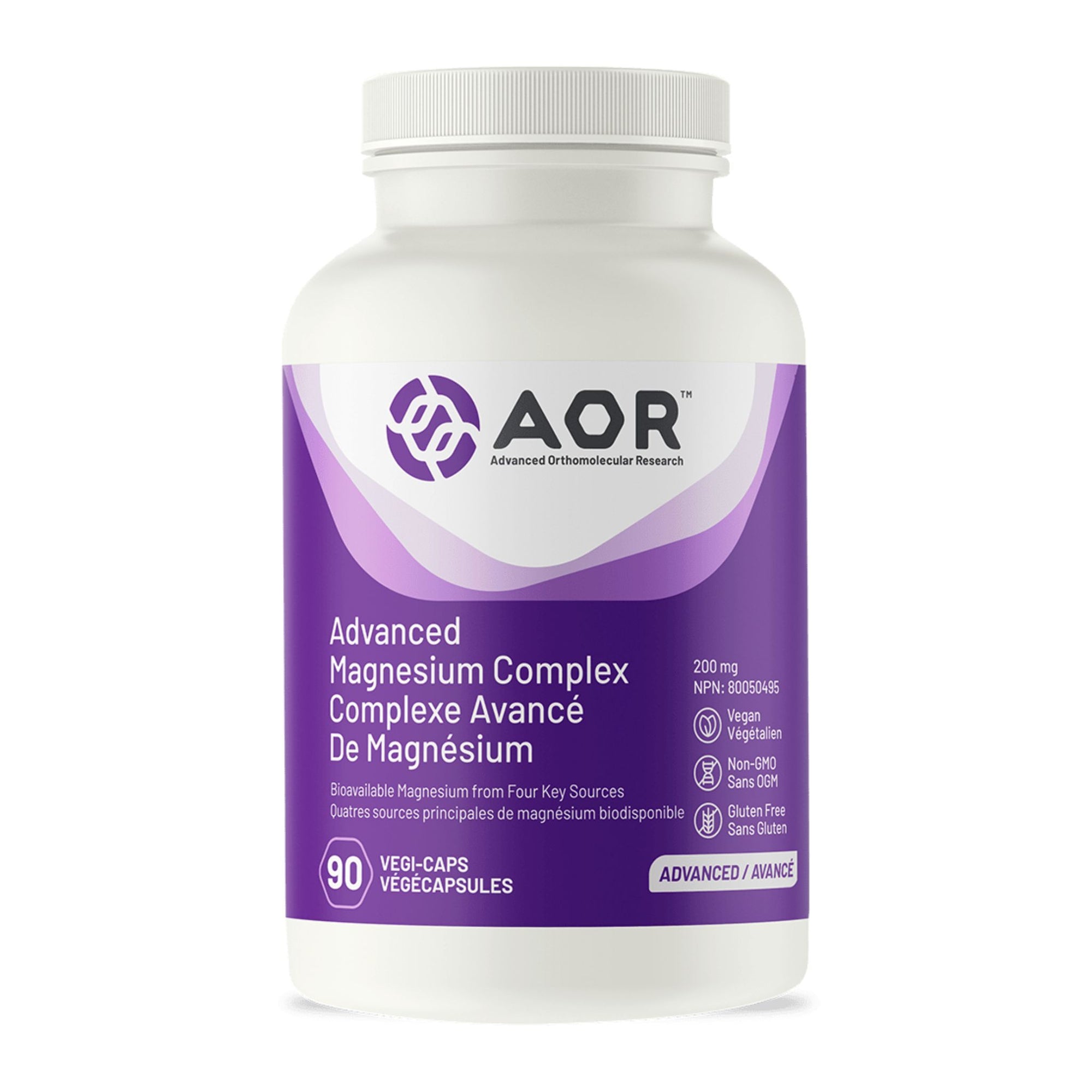 AOR Advanced Magnesium Complex product image of 90 capsule bottle - 200mg - bioavailable magnesium from four key sources.