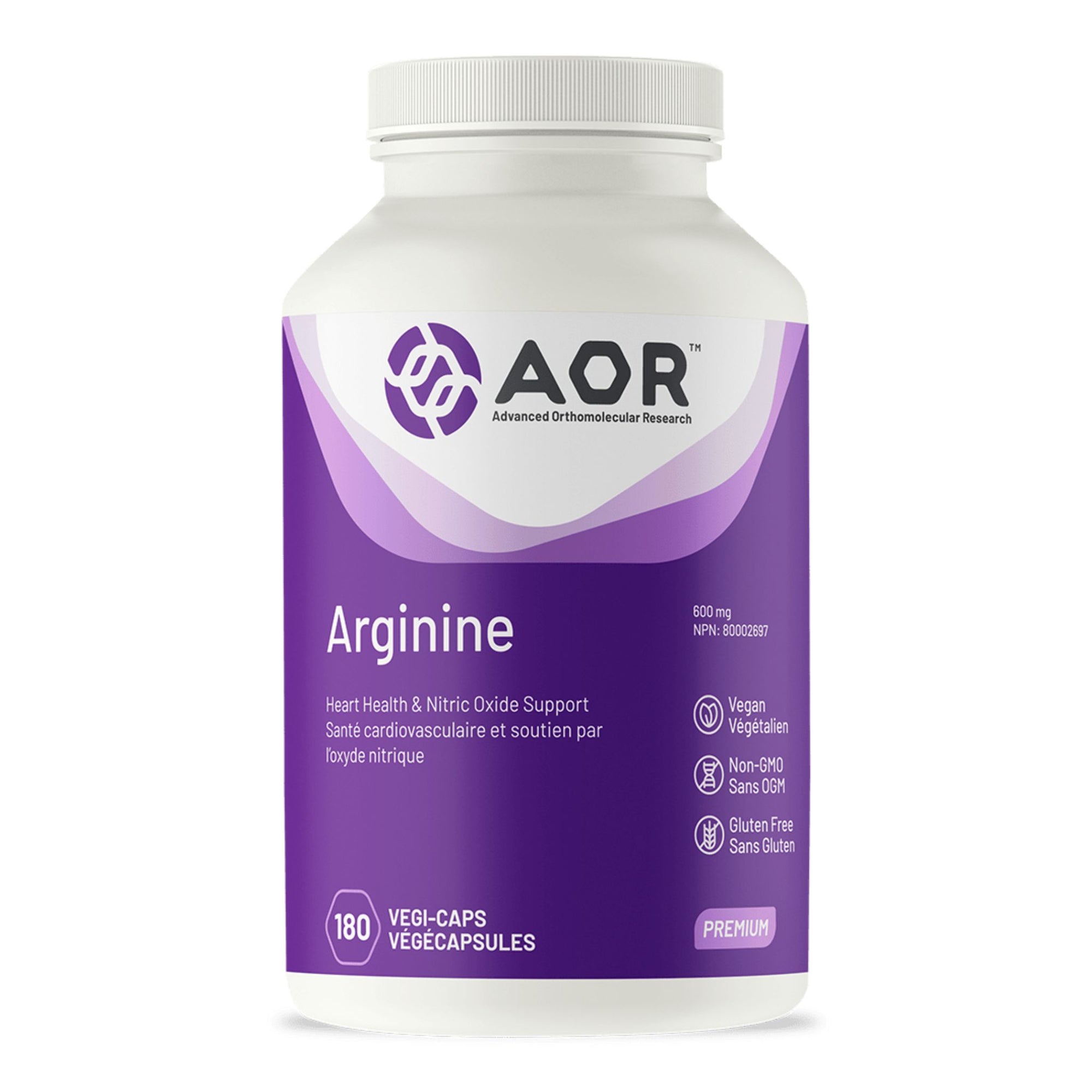 AOR Arginine 180 vegetable capsules - heart health and nitric oxide support - 600mg - vegan, non-GMO, gluten free