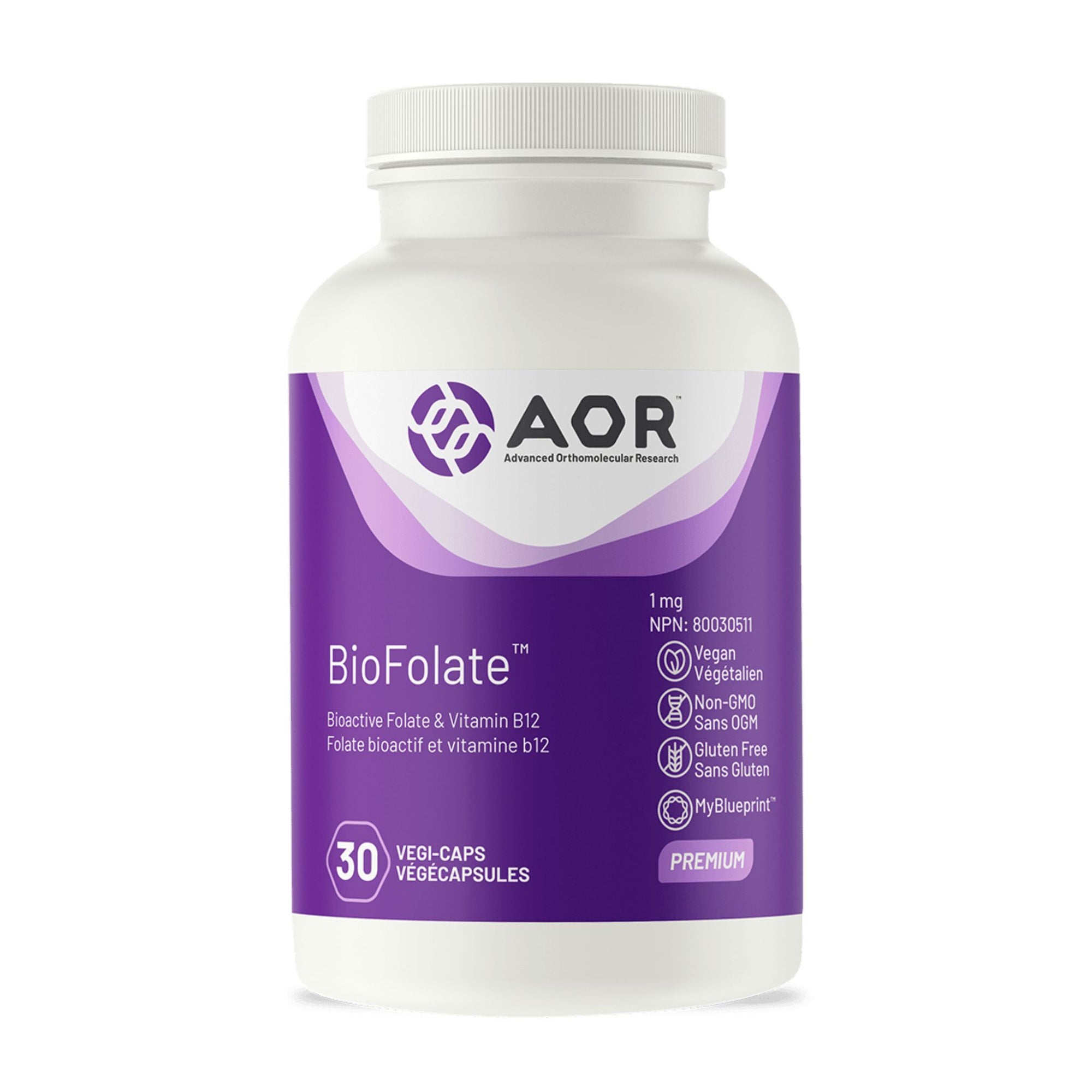 AOR BioFolate 30 vegetable capsules 1mg dose - front of bottle - Bioactive folate and vitamin B12