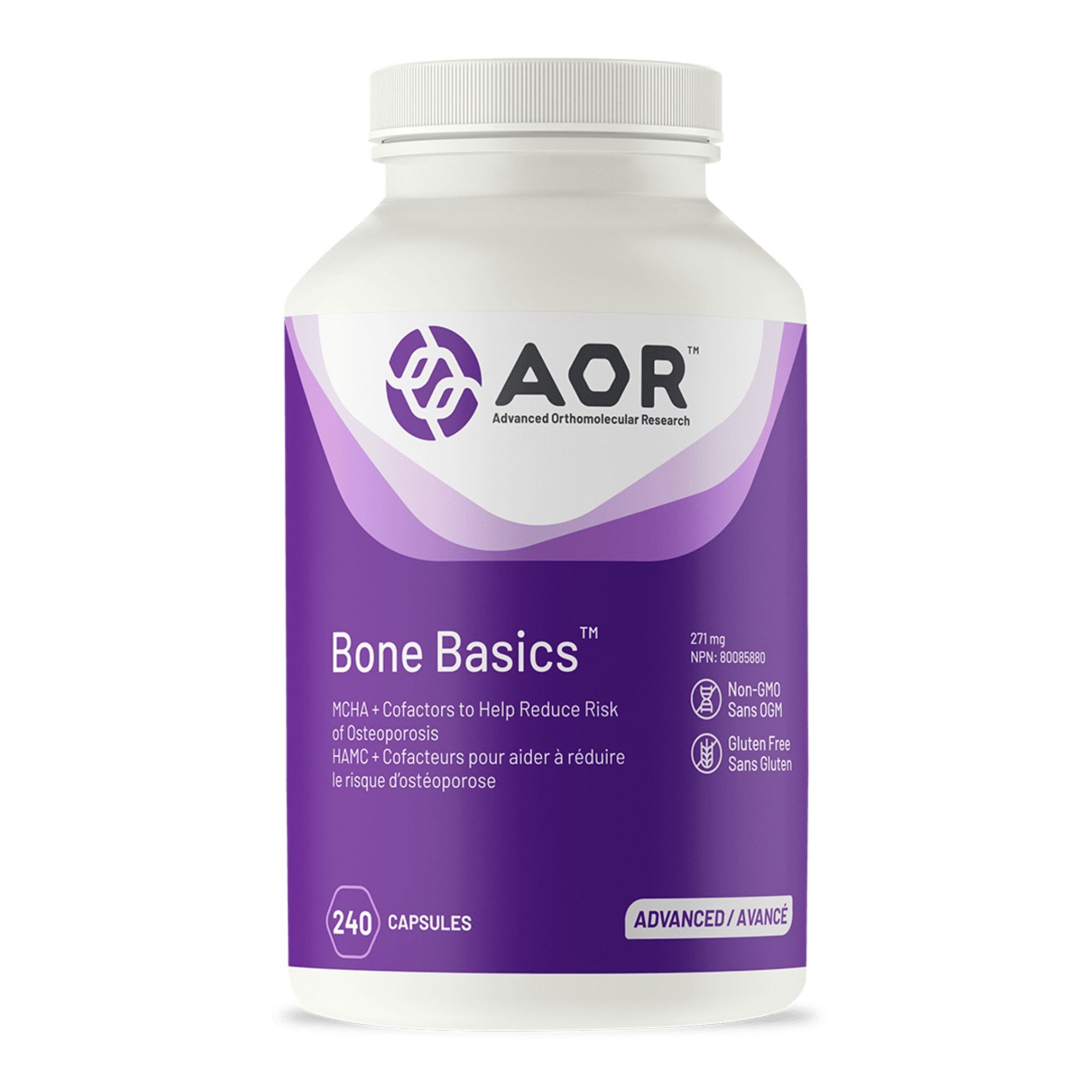 AOR Bone Basics 240 vegetable capsules - MCHA + CoFactors to help reduce the risk of osteoporosis - Non-GMO and Gluten free