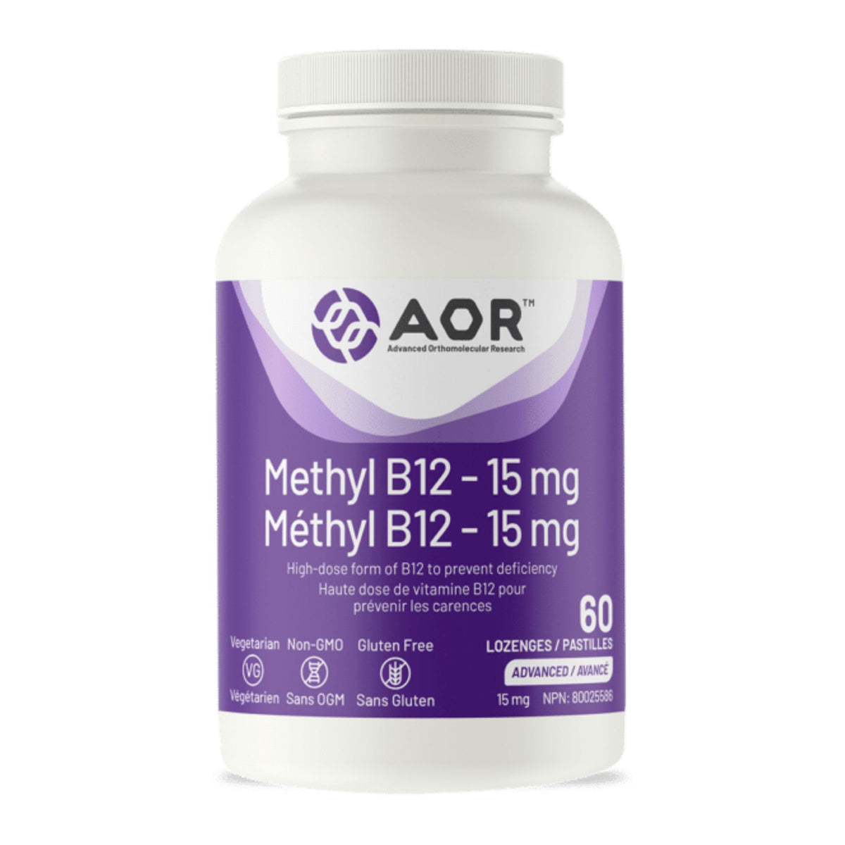 AOR Methyl B12 - 15mg - High-dose form of B12 to prevent deficiency - 60 lozenges in a bottle 