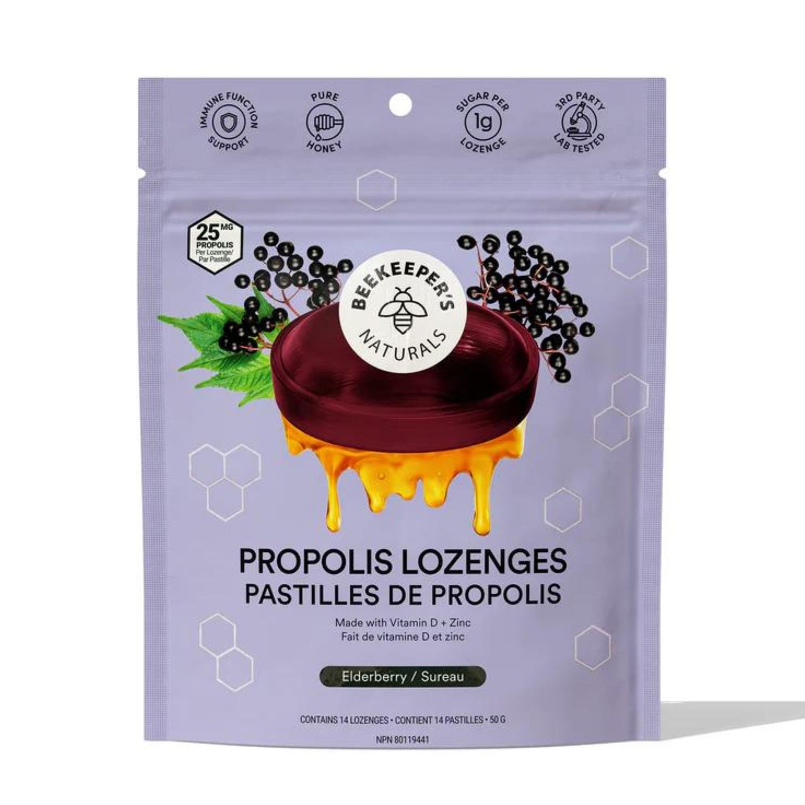 Beekeeper's Naturals Elderberry Propolis Lozenges - 50g bag (front). Made with Vitamin D3 and Zinc. 14 lozenges per bag. 