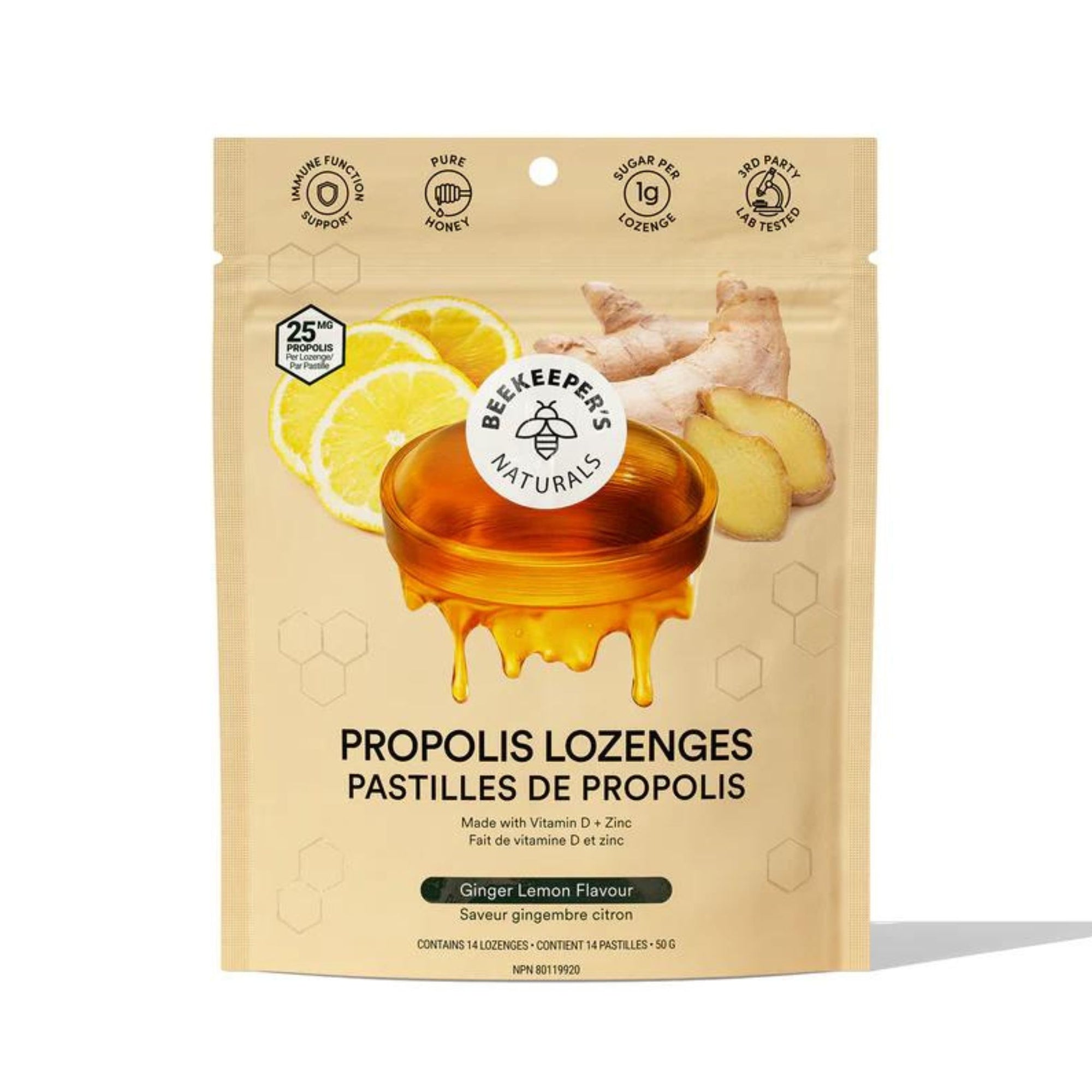 Beekeeper's Naturals Lemon Ginger Propolis Lozenges 50g bag (front) - 14 lozenges per bag. Made with Vitamin D3 + Zinc. 