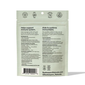 Beekeeper's Natural Peppermint Eucalyptus Propolis Lozenges back of bag - Helps support immune system. 