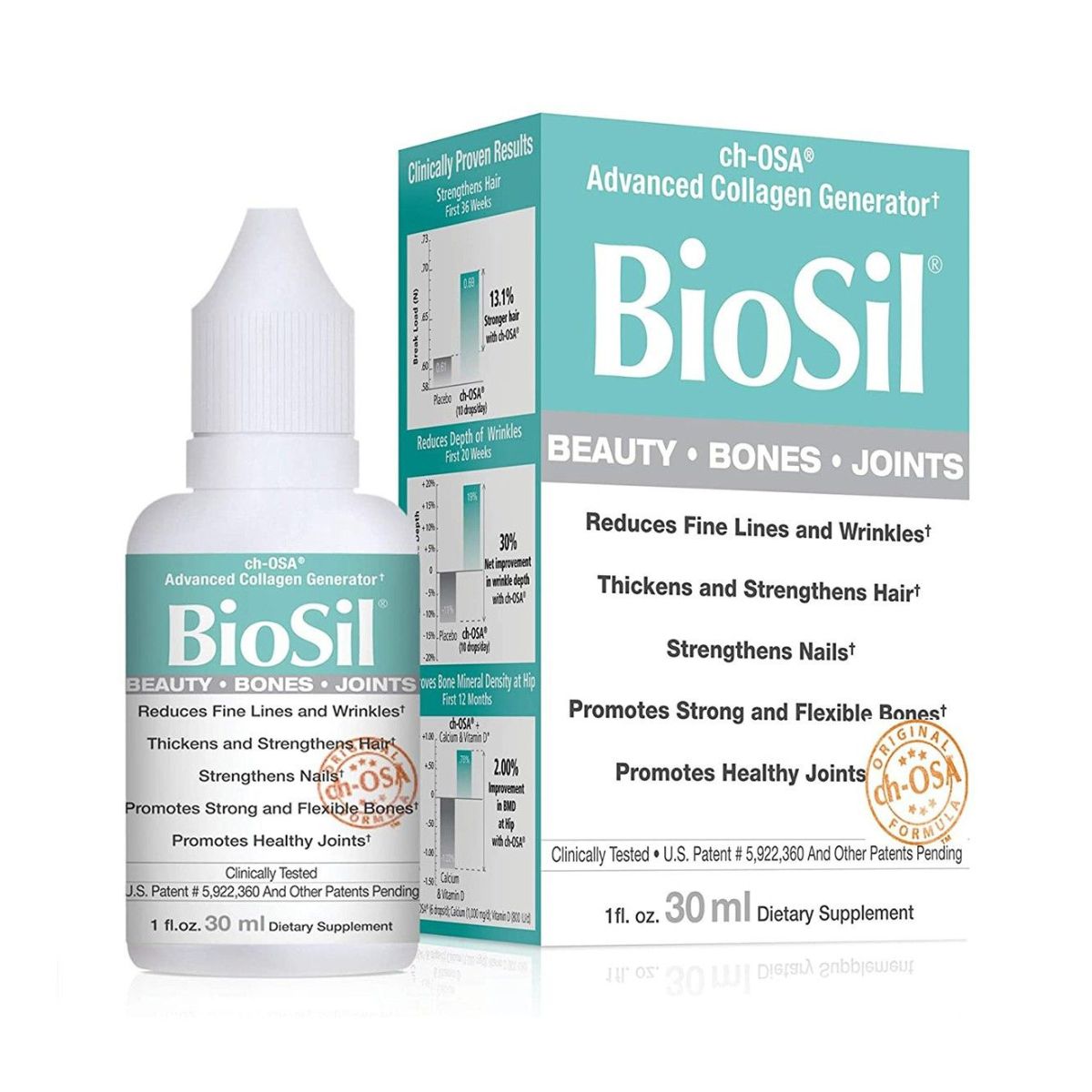 Image of BioSil Advanced Collagen Generator drops 30ml, a collagen-boosting supplement for skin, hair and nail health. Product shown with box. 