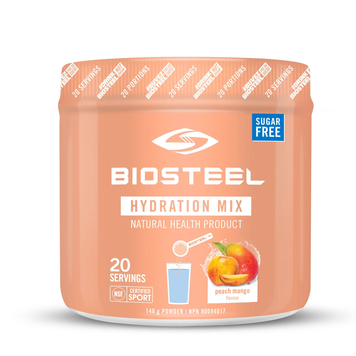 BioSteel Hydration Mix Peach Mango 140g, 20 Servings per container - Sugar free electrolytes, NSF Sport Certified. 