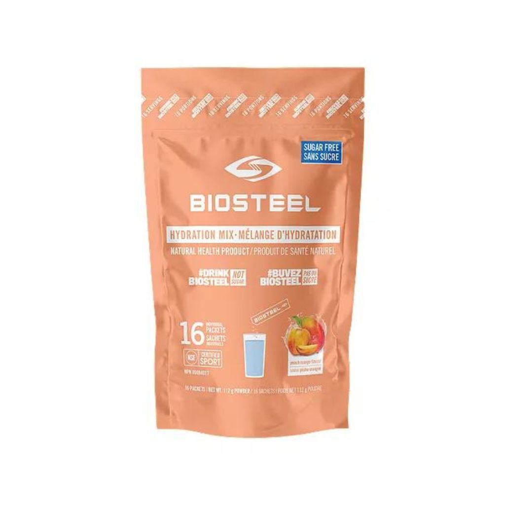 BioSteel Hydration Mix Peach Mango - bag with 16 individually-wrapped single servings, perfect for on-the-go hydration. 