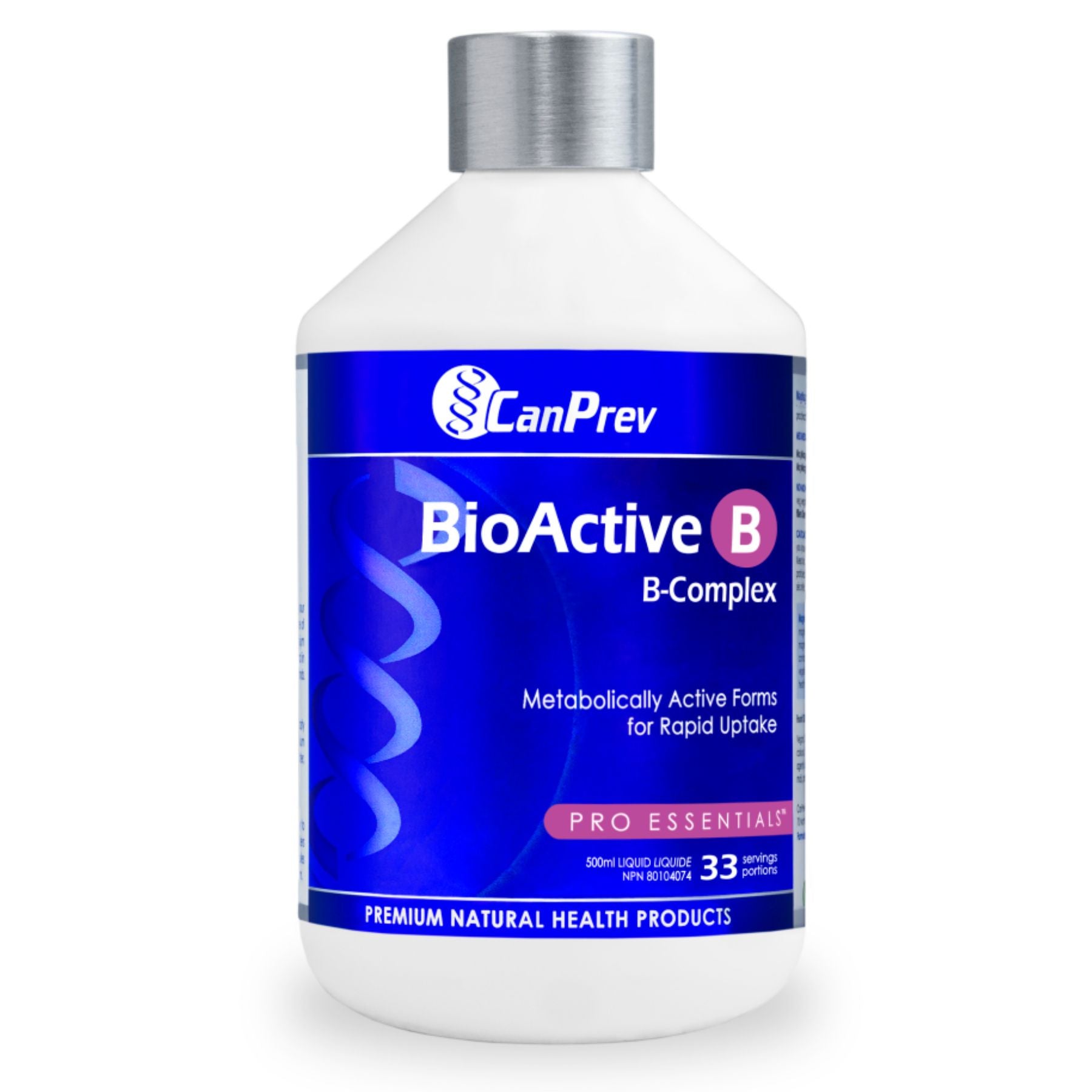 Bottle of CanPrev BioActive B Complex Liquid formula - 500mL plastic bottle - 33 servings per bottle. Metabolically active forms for rapid intake. 