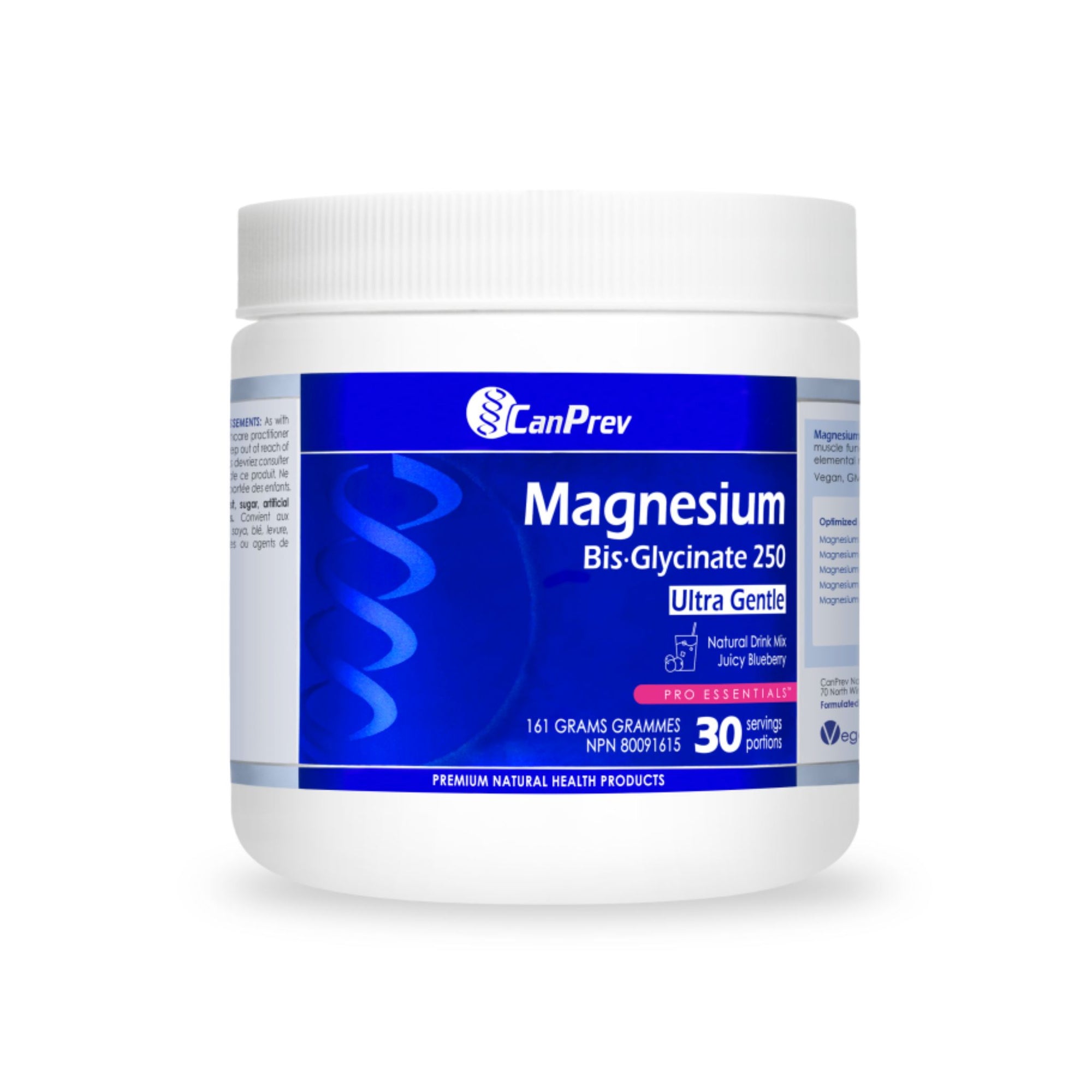 Bottle of CanPrev Magnesium Bisglycinate Juicy Blueberry Powder 161g/30 servings - Ultra gentle formula with 250mg of magnesium per serving.
