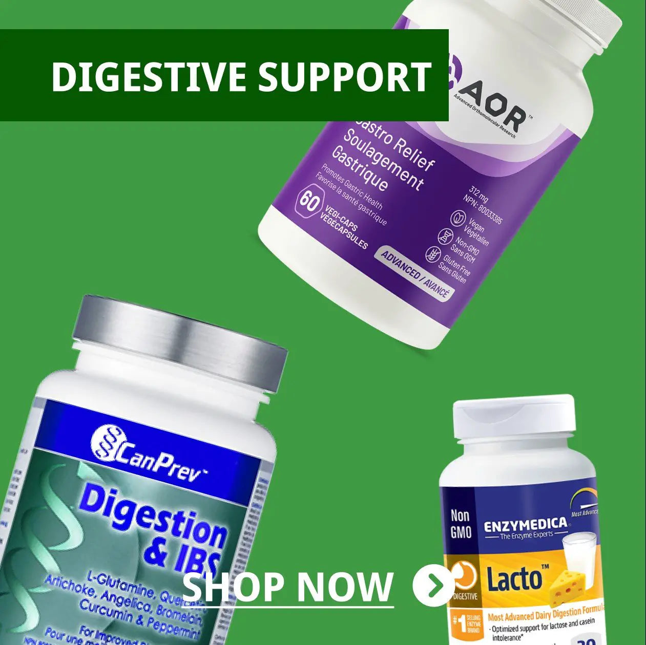 Click to go to Digestive Support supplements. Reads "Shop Now". Image of various digestive support supplements, including CanPrev Digestions IBS, Enzymedica Lacto, AOR Gastro Relief. 