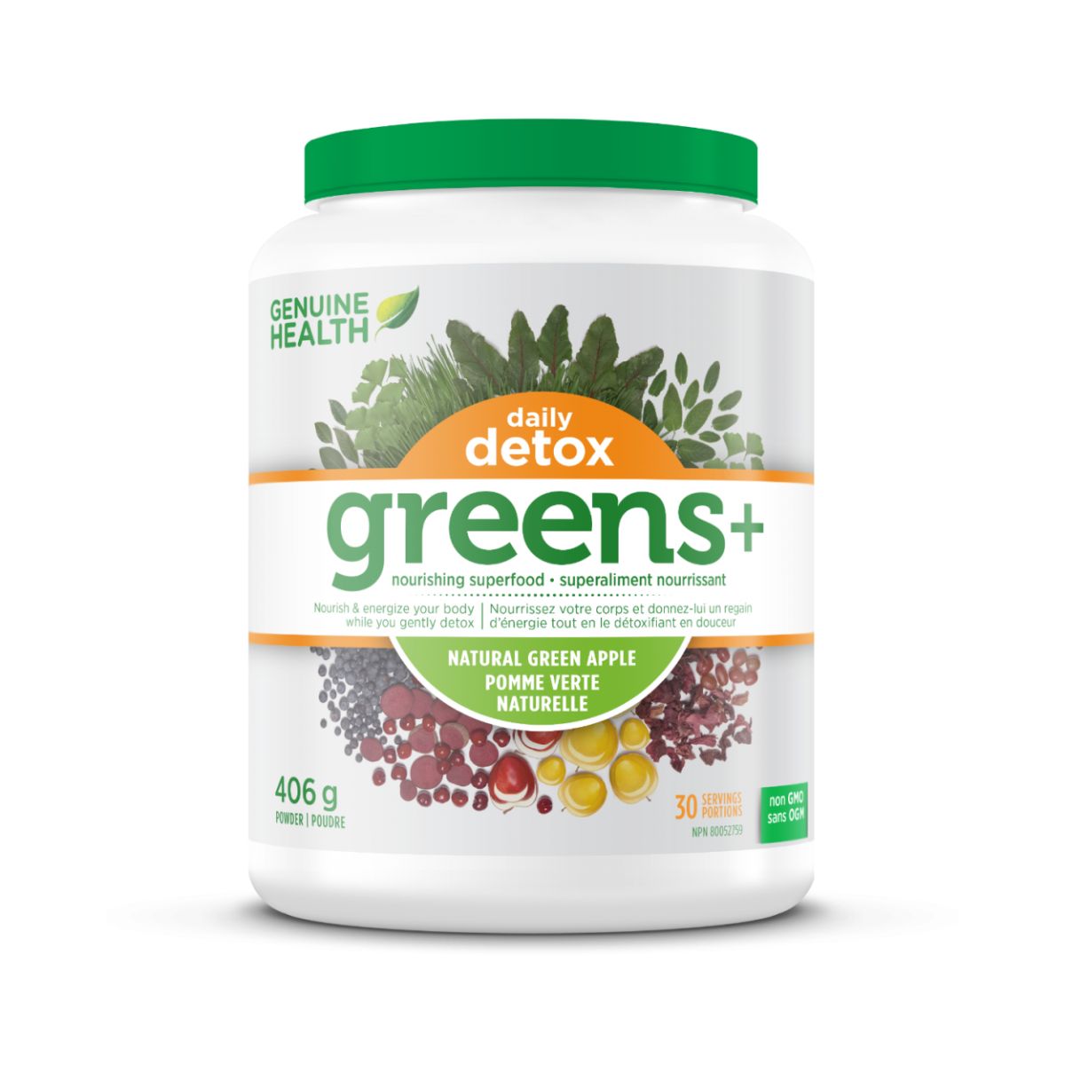 Genuine Health Greens+ Daily Detox - Natural Green Apple 406g product image - Green superfood supplement in a green and white tub