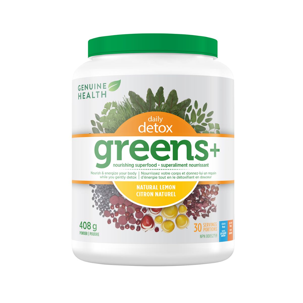 Genuine Health Greens+ Daily Detox - Natural Lemon 408g product image - Green superfood supplement in a green and white plastic tub