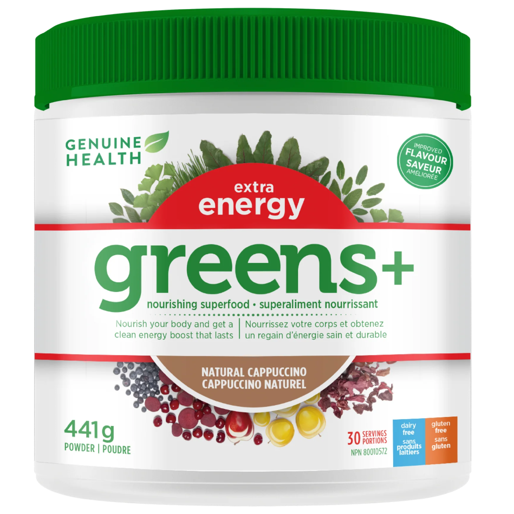 Genuine Health Greens+ Extra Energy - Natural Cappuccino Flavour 445g