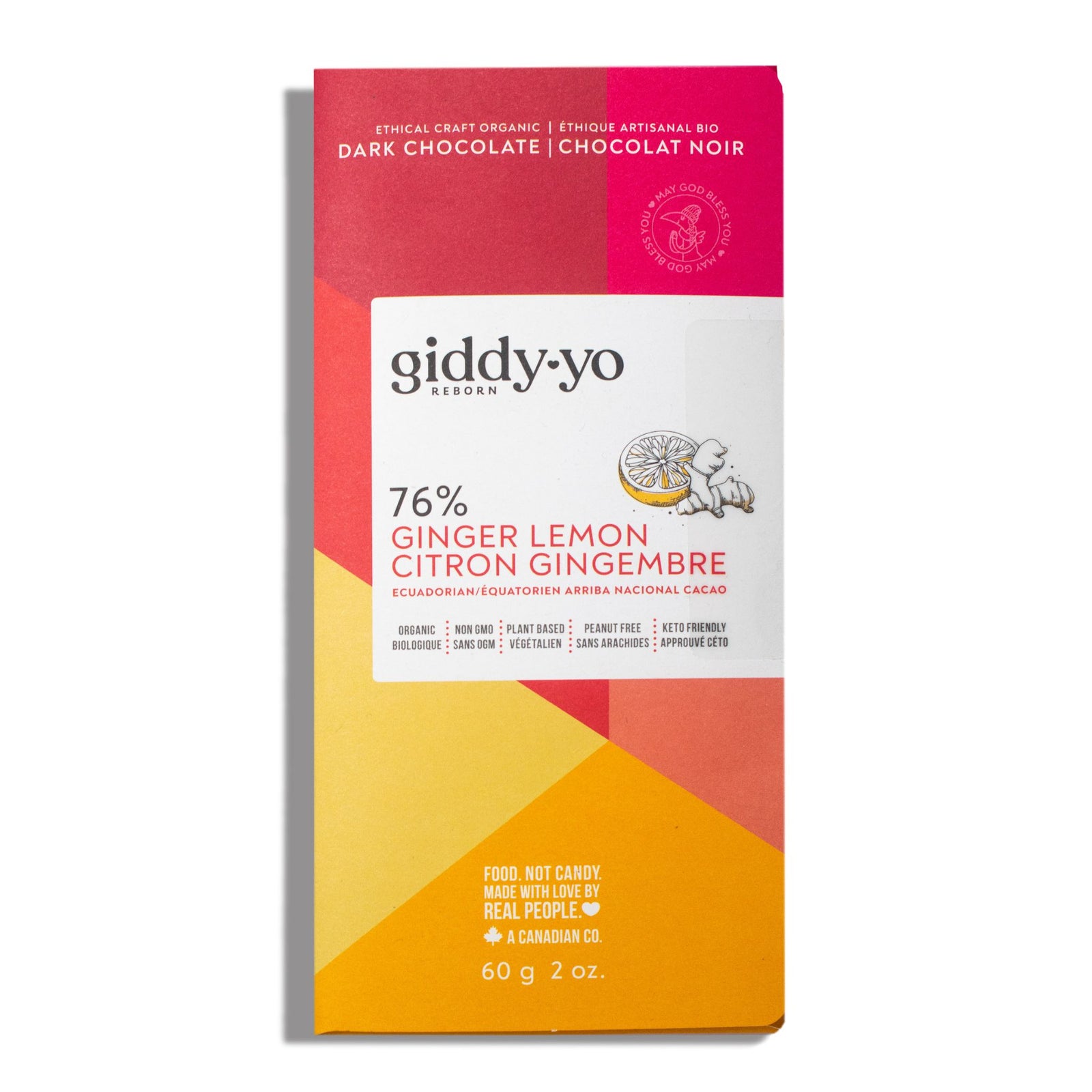 Giddy Yo Dark Chocolate - Ginger Lemon 76% cocoa. Organic, Non-GMO, Plant Based, Peanut free & Keto friendly. 