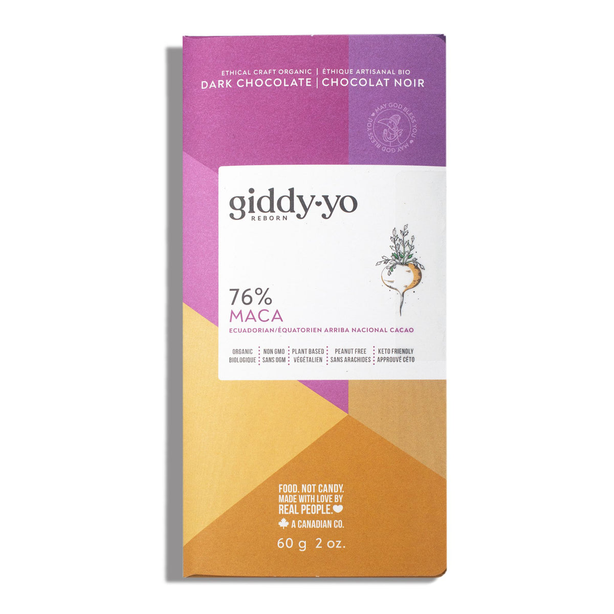 Giddy Yo Maca 76% Dark Chocolate Bar Certified Organic 62g