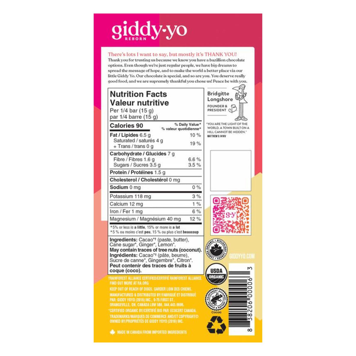 Giddy Yo Ginger Lemon Dark Chocolate Nutrition facts - back