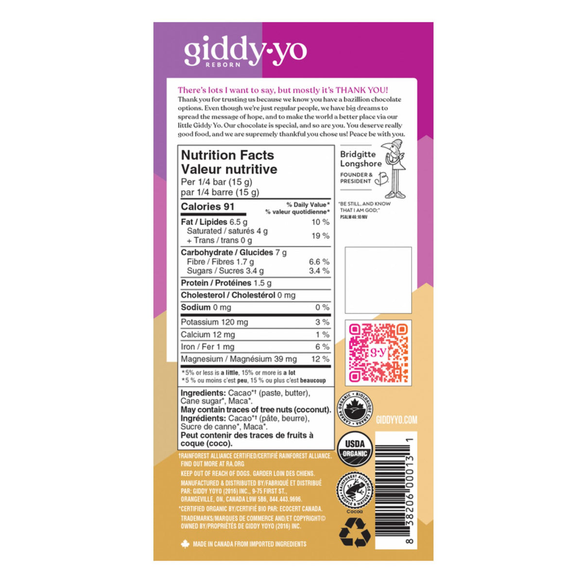Giddy Yo Maca 76% Dark Chocolate Bar Certified Organic 62g