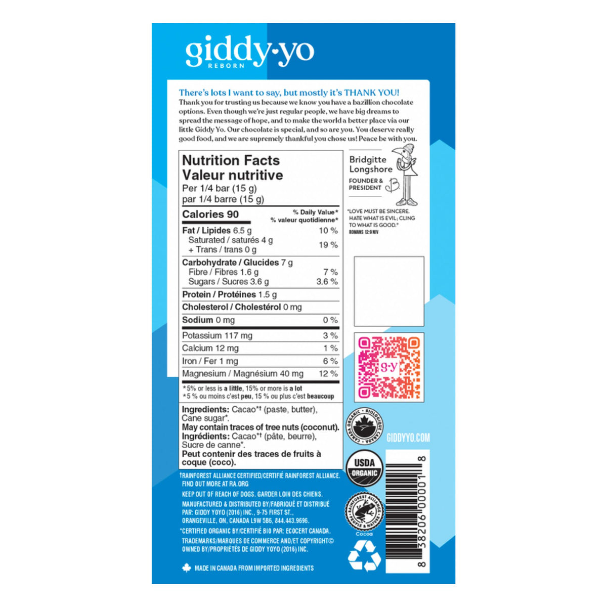 Nutrition facts Giddy Yo 76% Original dark chocolate bar