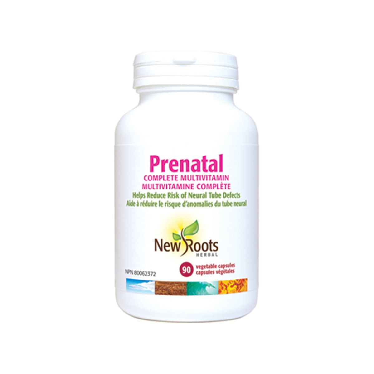 New Roots Prenatal Multivitamin 90 Vegetable Capsules product image - Comprehensive prenatal supplement in a white and pink plastic bottle.