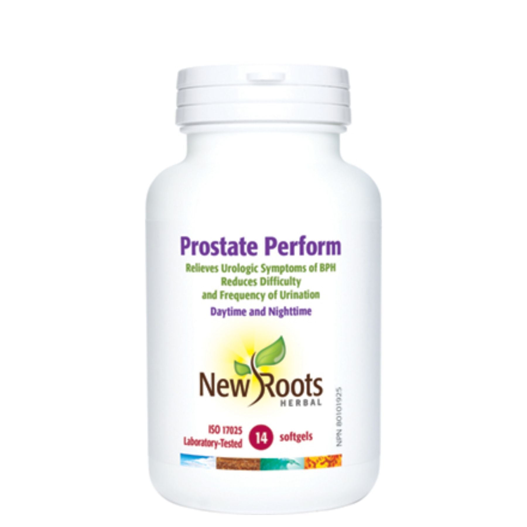 Bottle of New Roots Prostate Perform Travel size - 14 softgels per bottle. Relieves urological symptoms of BPH - Reduces difficulty & frequency of urination. Daytime & nighttime. 