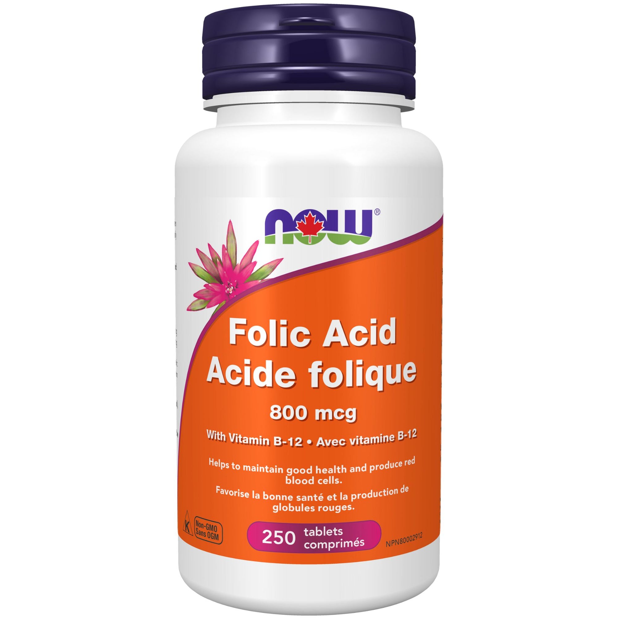 NOW Folic Acid 800 mcg with Vitamin B12 - 250 tablets bottle. Helps to maintain good health and produce red blood cells. 