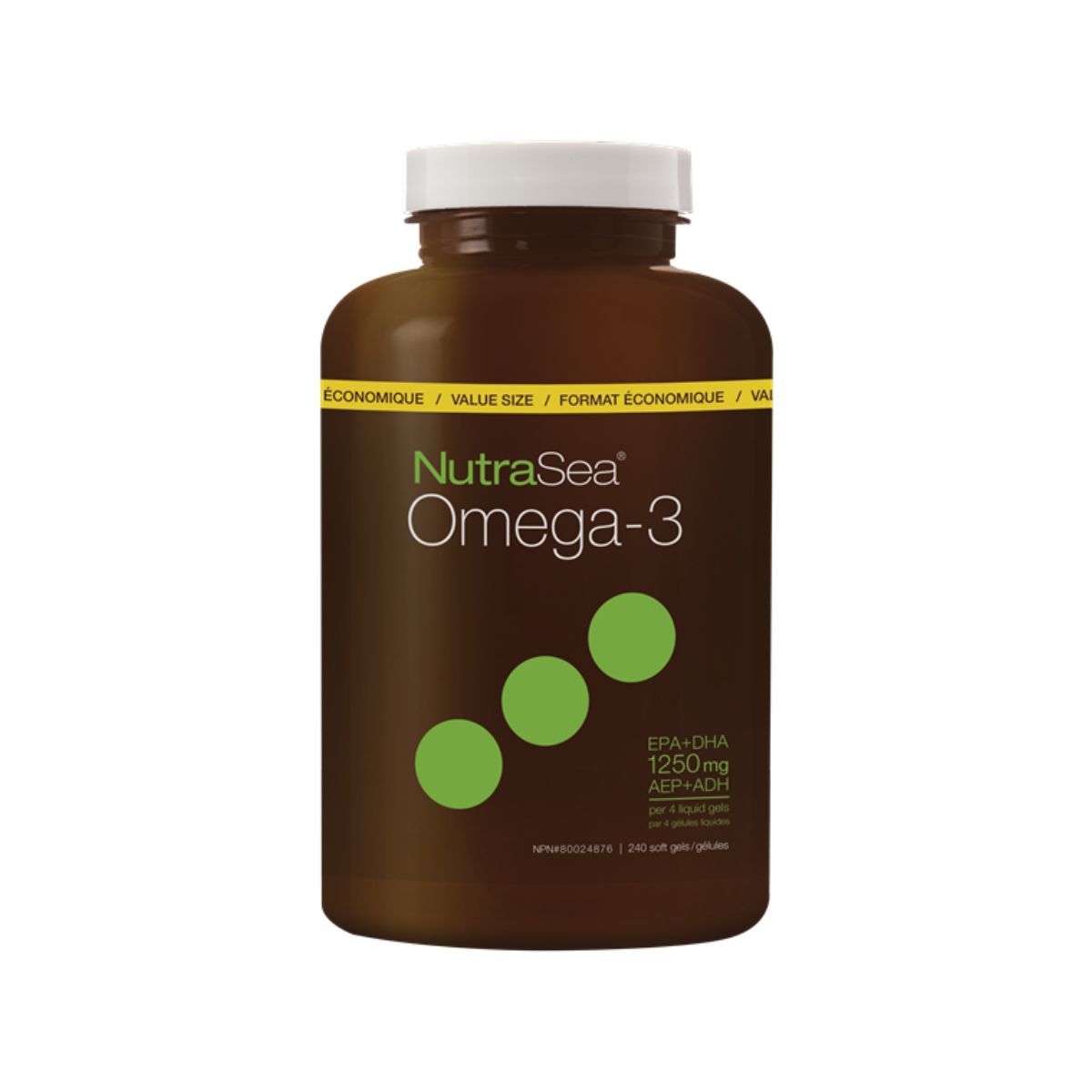 Nutra Sea Omega-3 1250mg Lemon Flavour 240 Soft gels product image - Omega-3 supplement in a brown and green bottle.