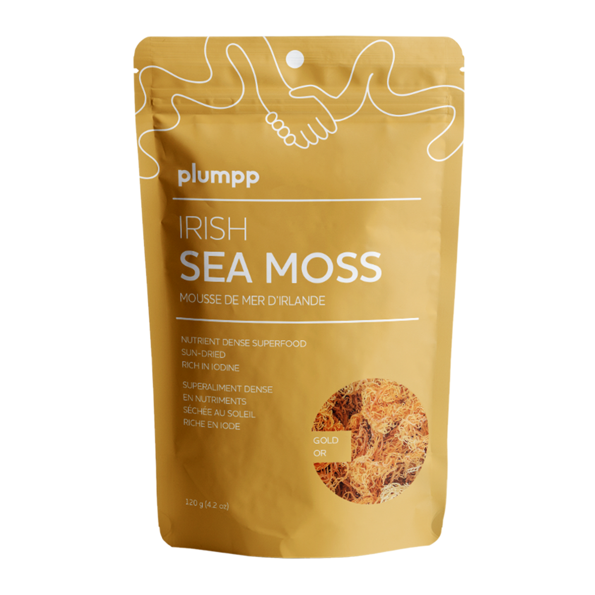 Plumpp Gold Irish Sea Moss 120g product image - Golden sea moss in a yellow plastic, recyclable bag
