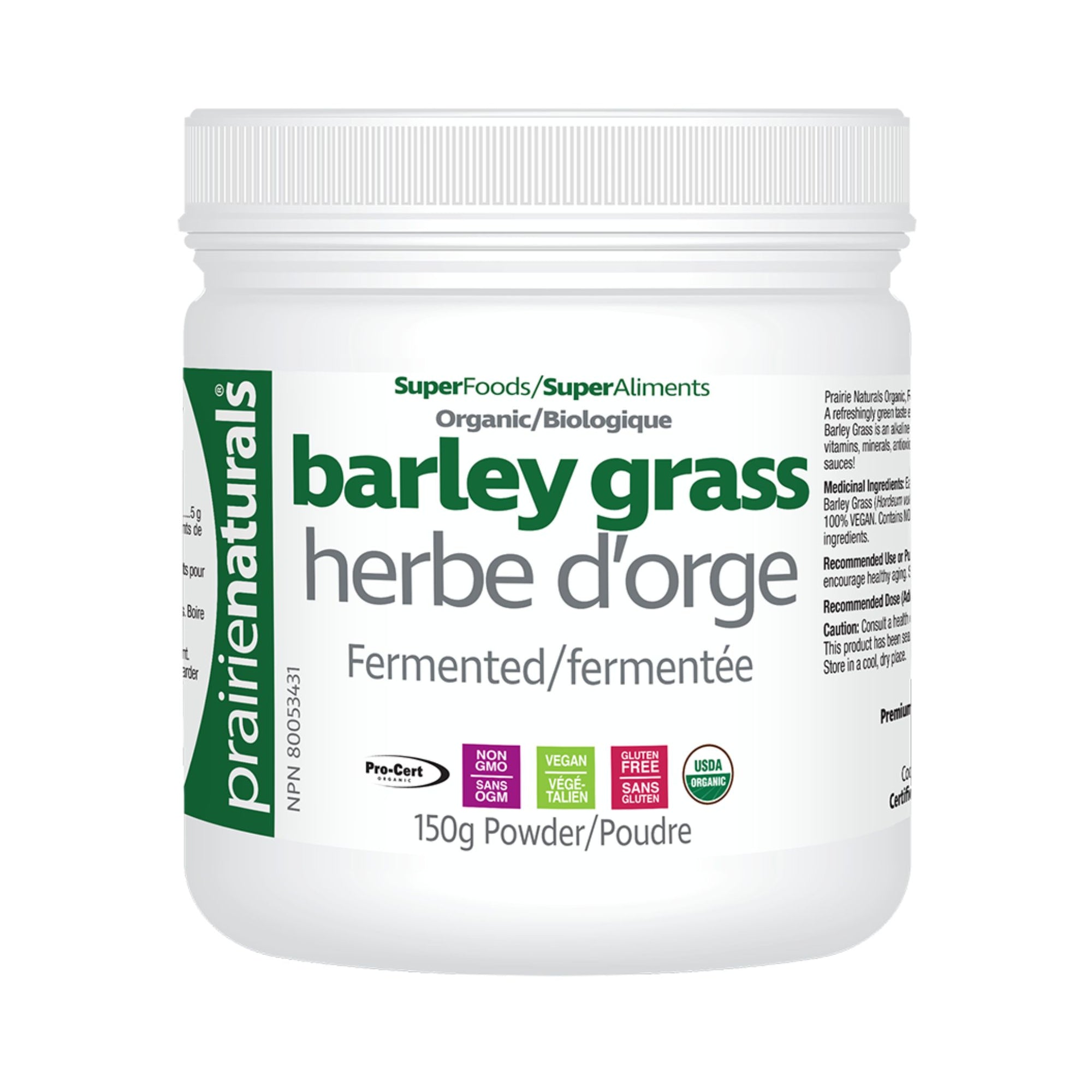 Prairie Naturals Organic Fermented Barley Grass - 150g: Nutrient-rich superfood powder for natural detoxification and overall wellness.