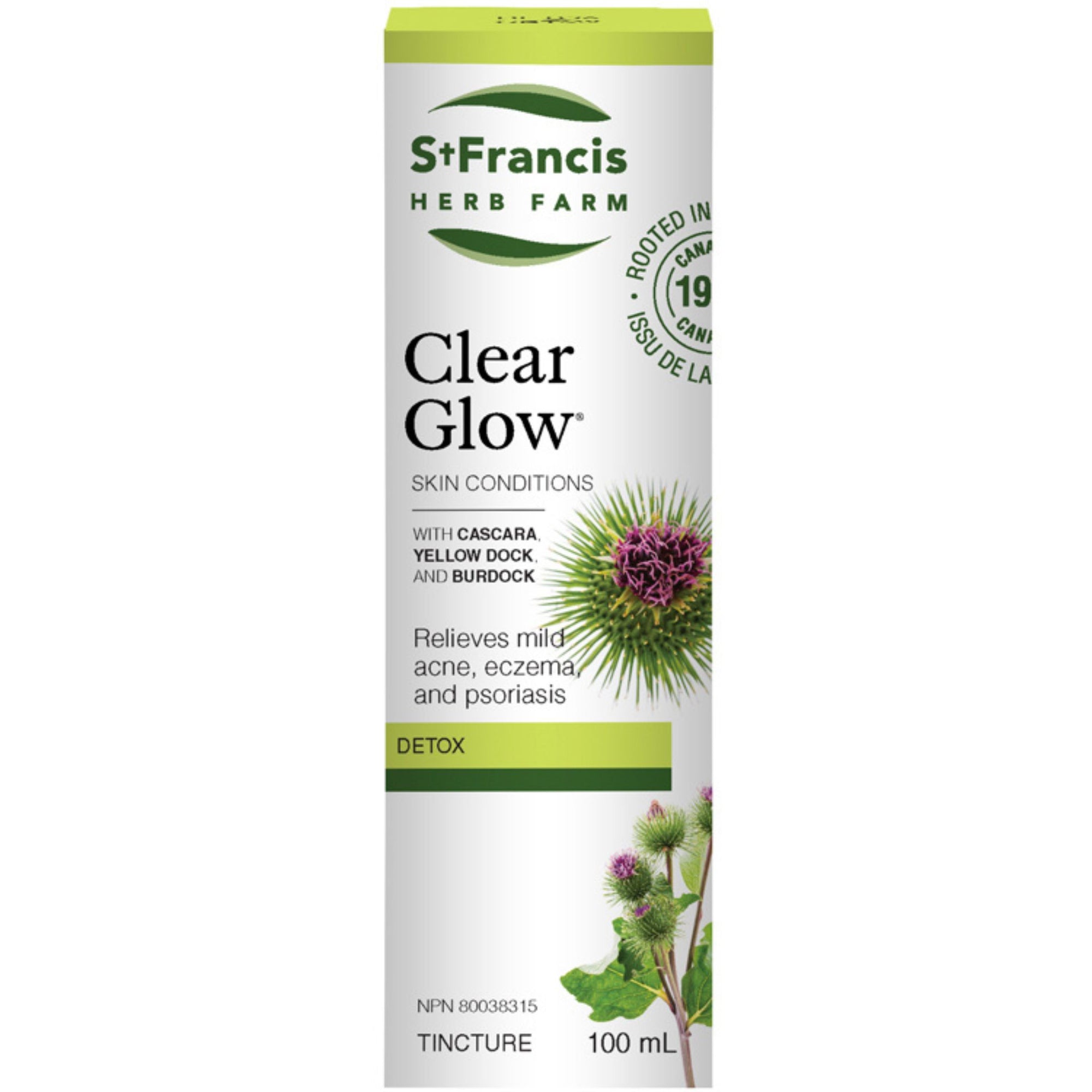 Image of St. Francis Clear Glow 50mL tincture - a supplement for skin conditions like mild acne, eczema and psoriasis.