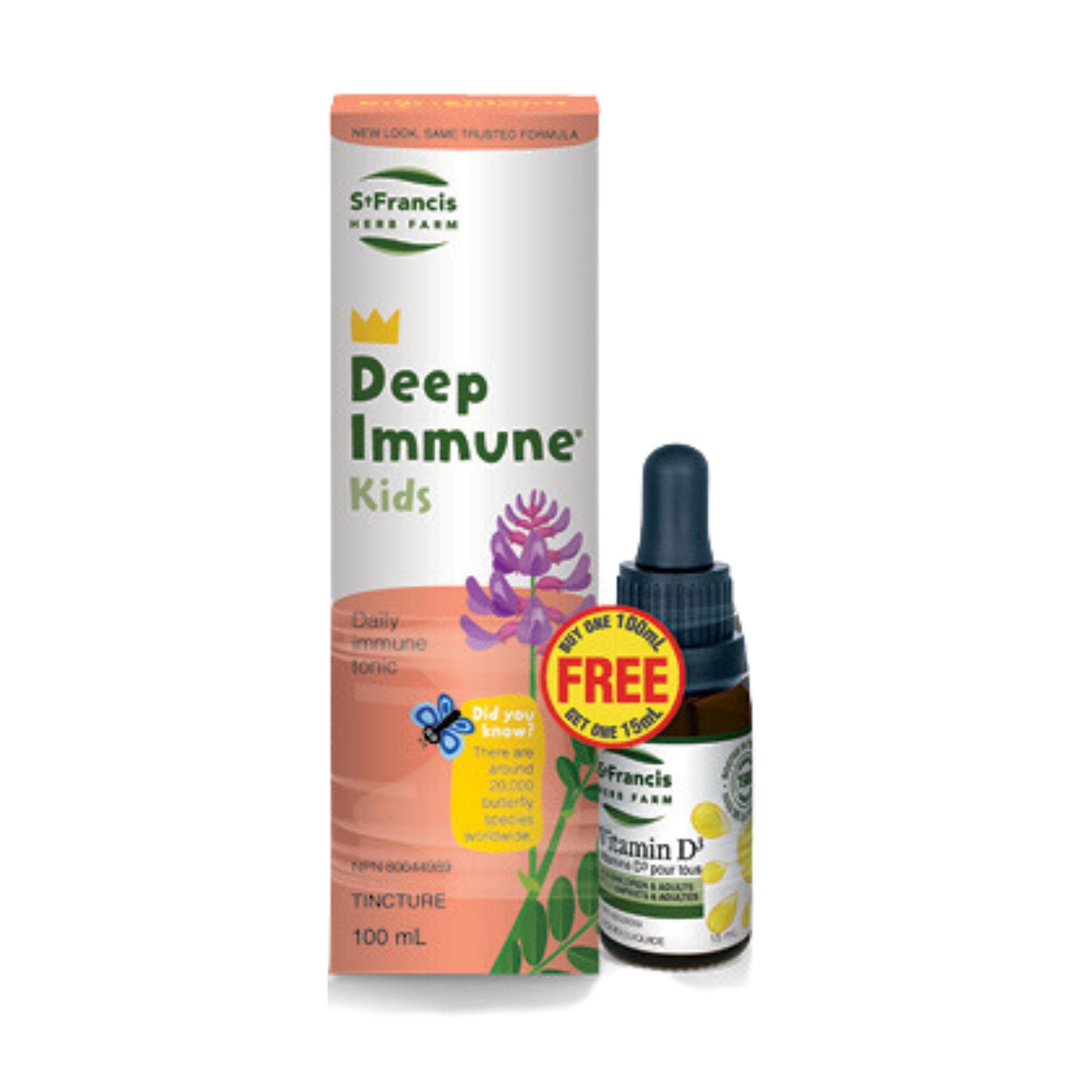 St Francis Deep Immune Kids BONUS pack with a FREE vitamin D3 15ml included. 
