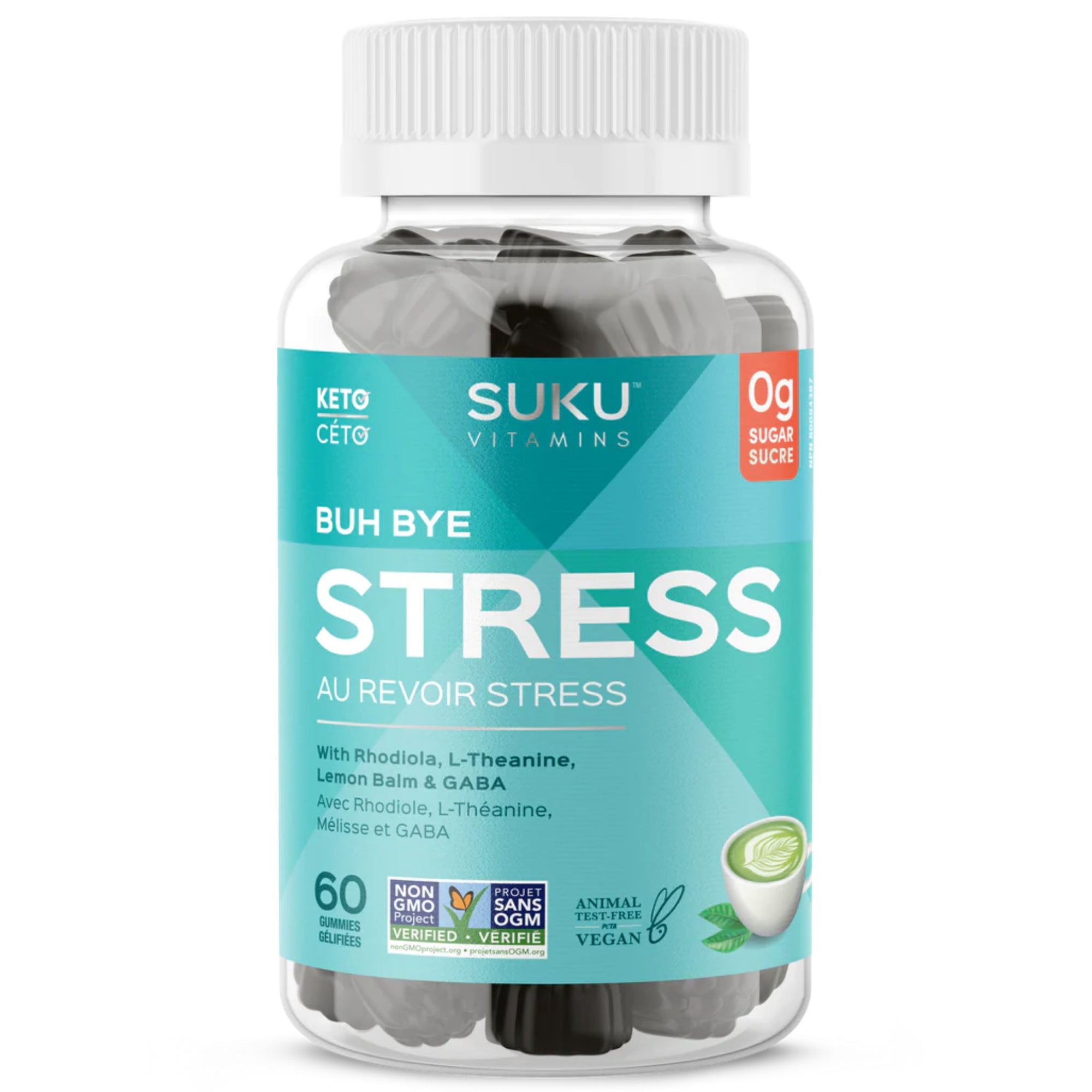 Suku Buh Bye Stress 60 Gummies bottle - with Rhodiola, L-theanine, Lemon Balm & GABA. 