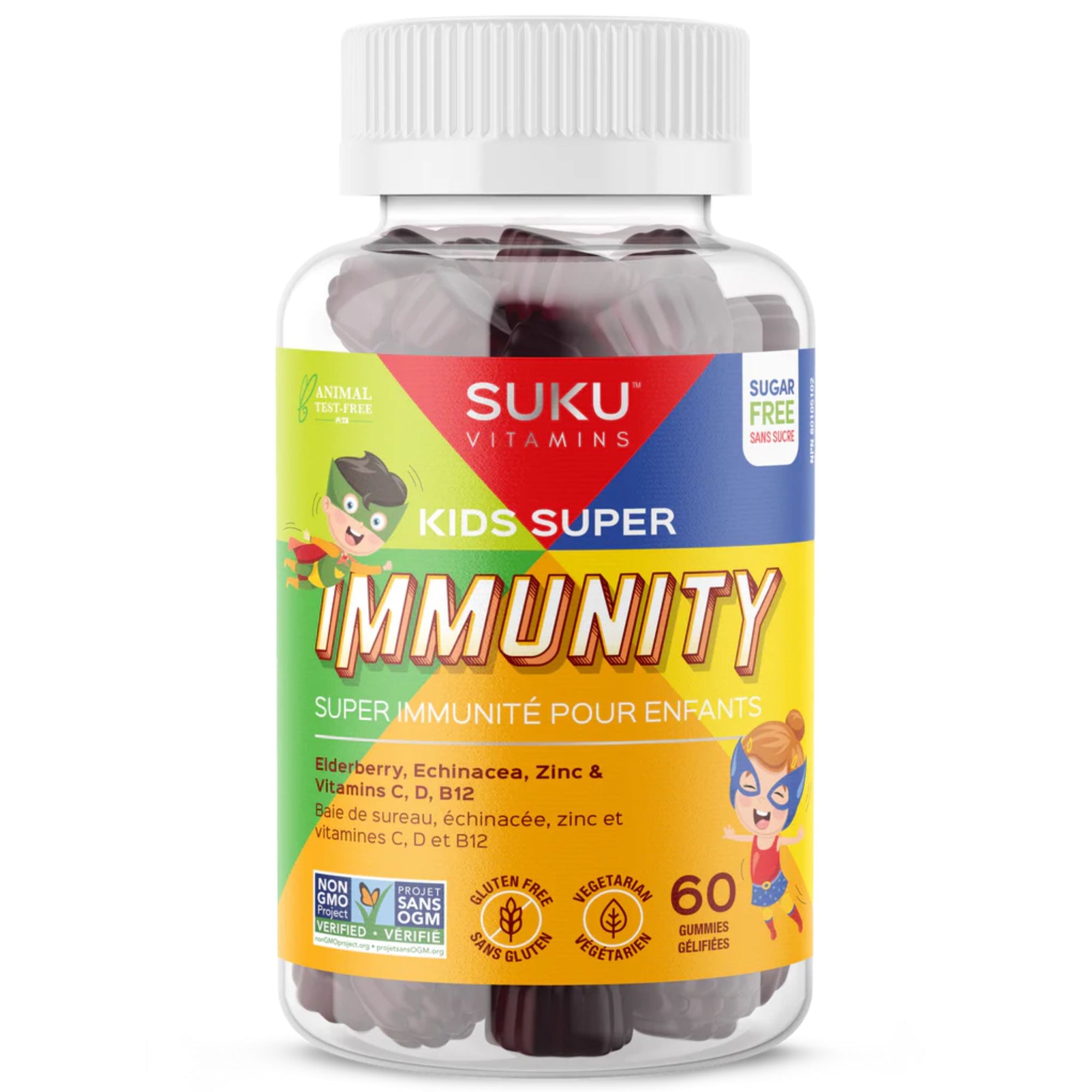 Suku Kids Super Immunity 60 Gummies bottle - Ewith elderberry, echinacea, zinc, vitamins C, D, B12. 