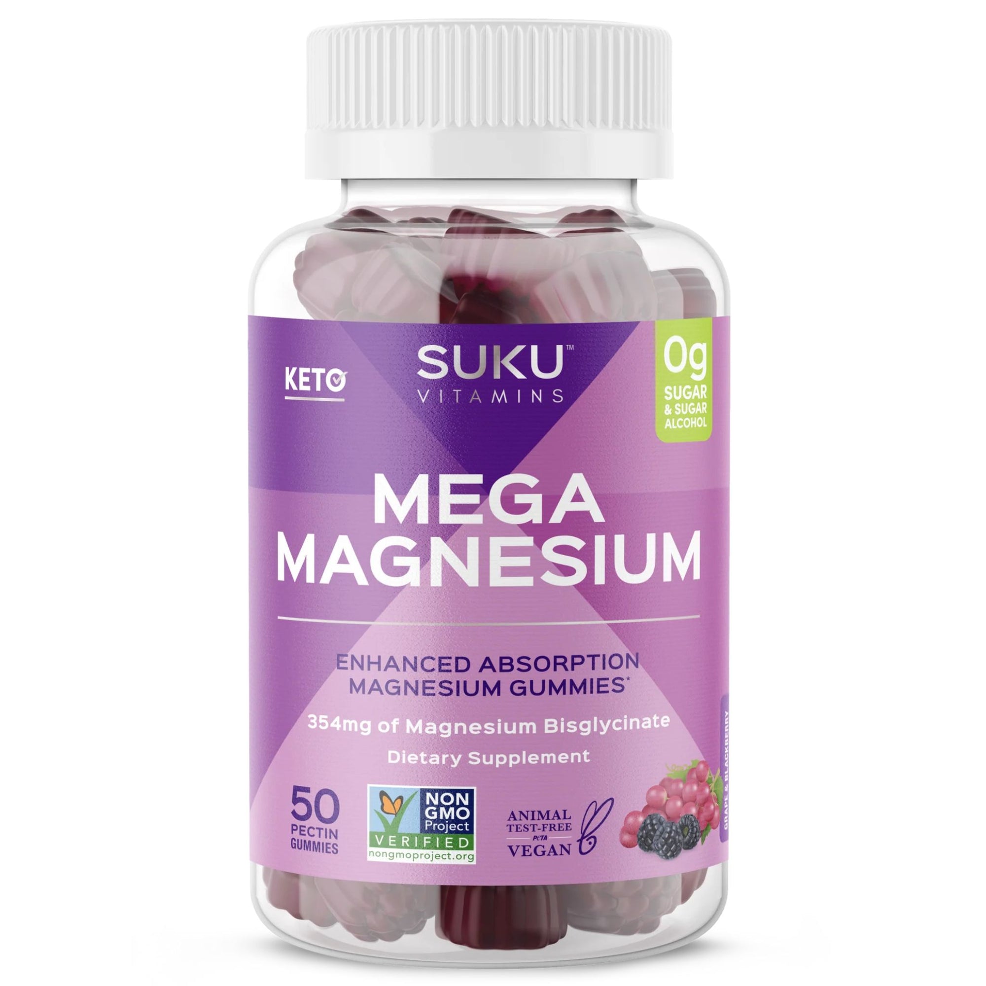 Suku Mega Magnesium 60 gummies (new packaging, same product). Enhanced absorption - 354mg Magnesium Bisglycinate. 