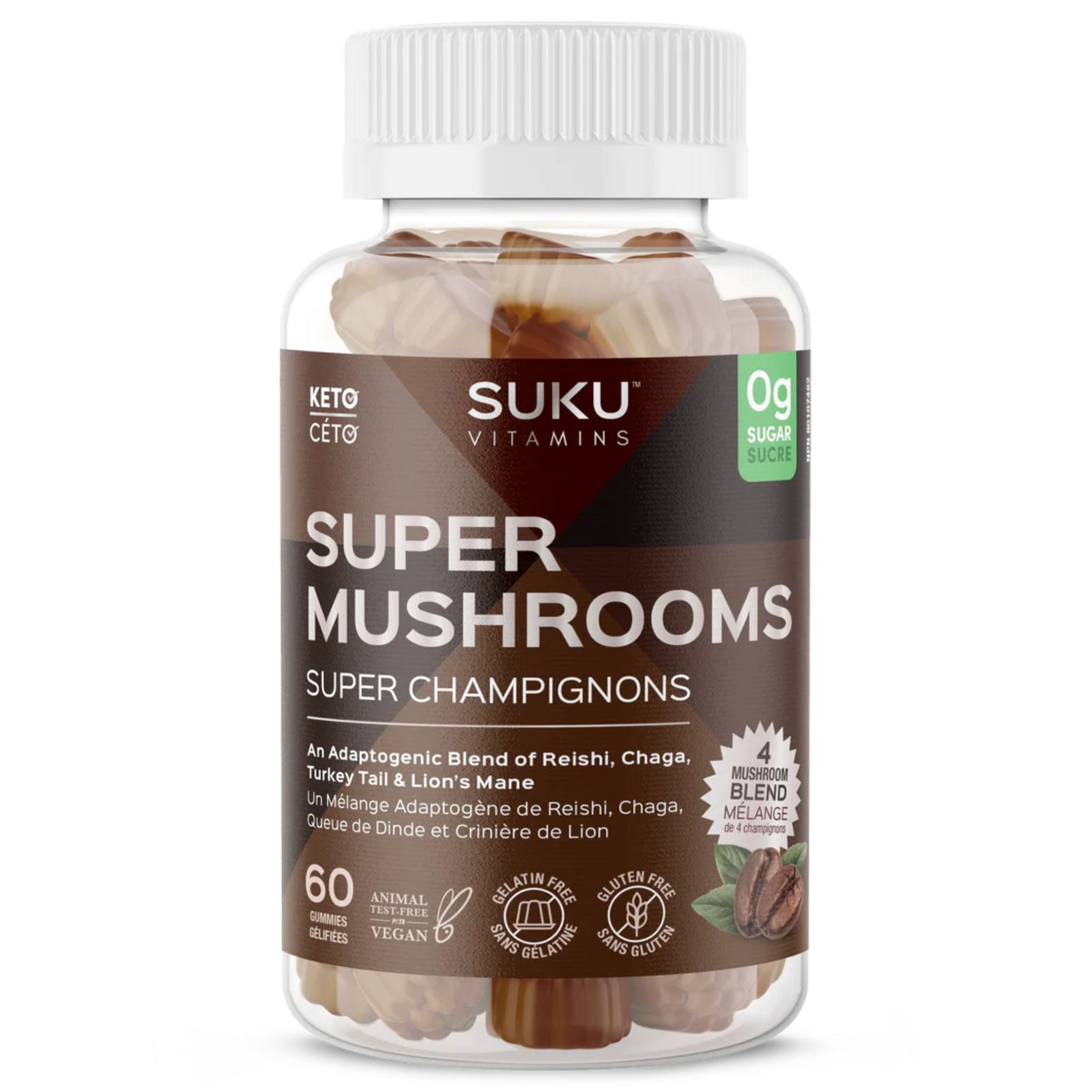 Suku Vitamins Super Mushrooms 60 Gummies bottle - An adaptogenic blend of Reishi, Chaga, Turkey Tail & Lion's Mane. 