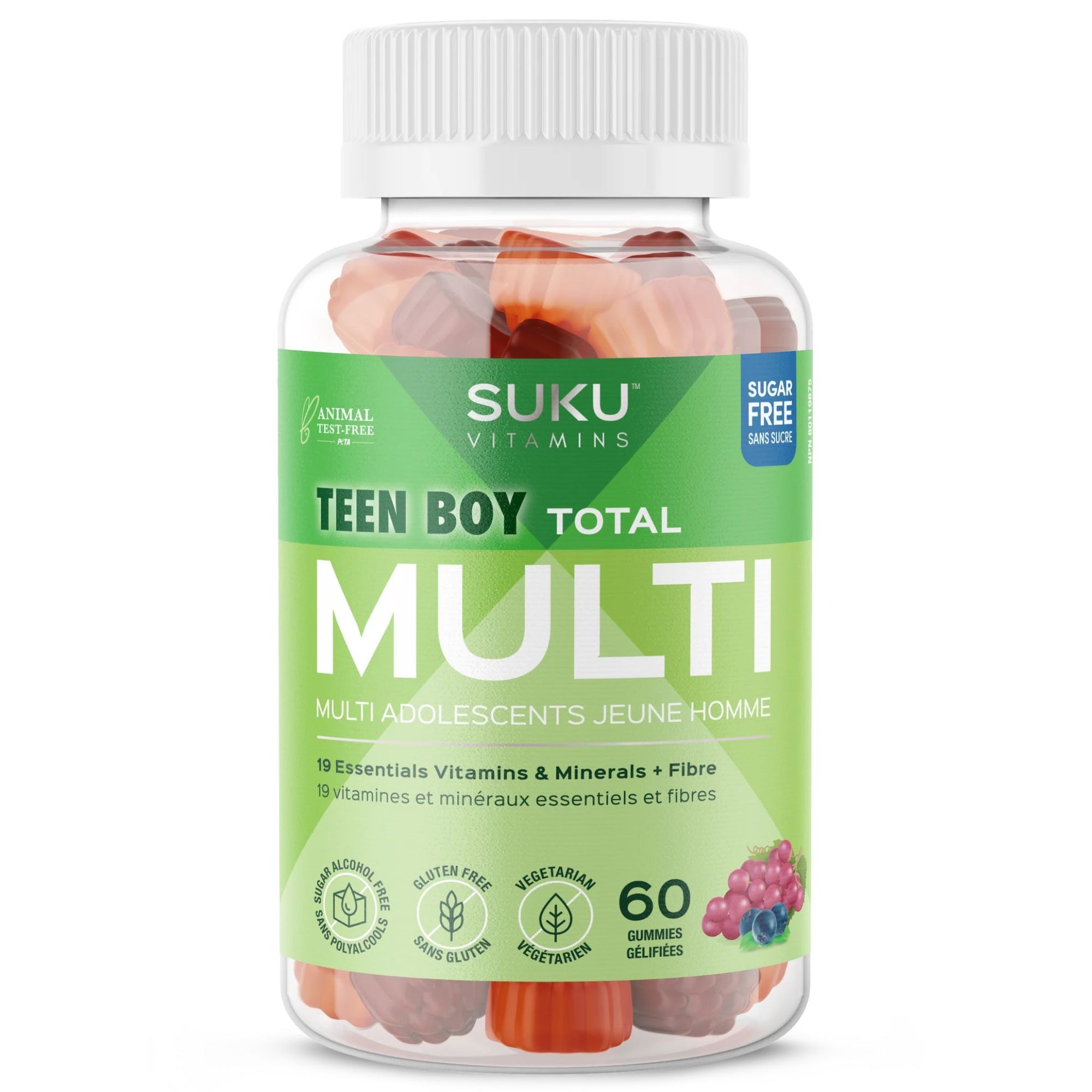 Suku Teen Boy Total Multi bottle showcasing 60 nutrition-packed gummies. Sugar Free, Sugar alcohol free, gluten free & vegetarian. 
