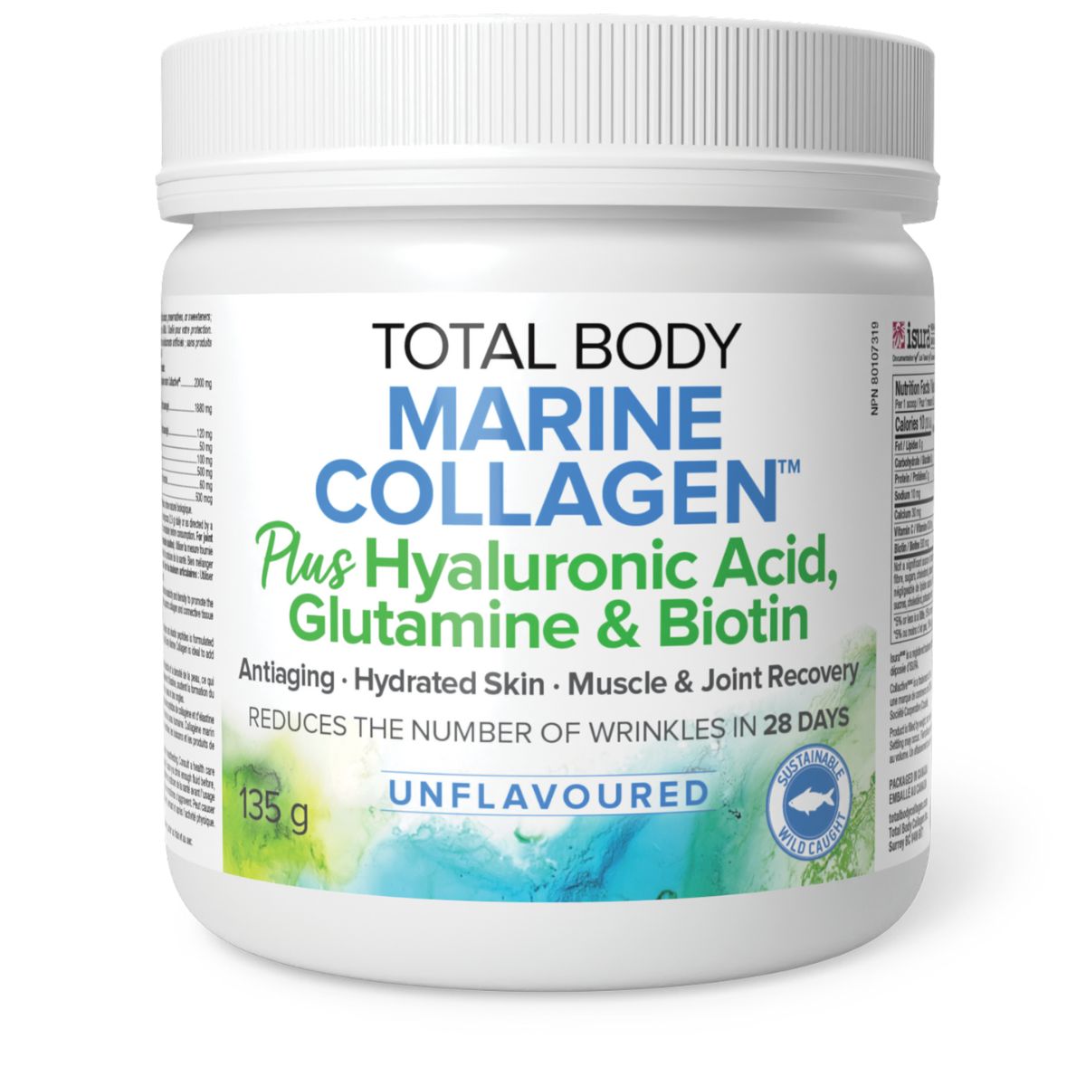 Image of Total Body Collagen (brand) - Marine Collagen with Hyaluronic acid, Glutamine, and Biotin; Unflavoured powder; 135g. Product reads, "Antiagin, Hydrated skin, muscle & joint recovery, reduce the number of wrinkles." 