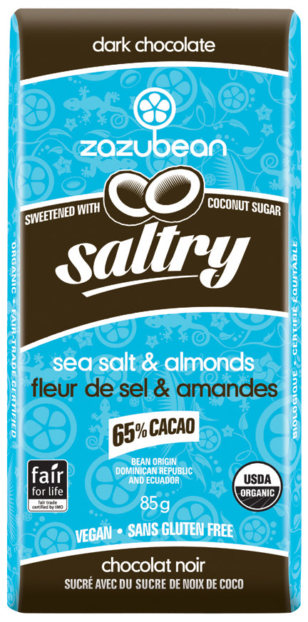 Zazubean Saltry 65% Chocolate Bar Sea Salt & Almonds, Coconut Sugar Sweetened 85g