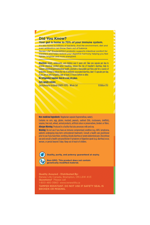Renew Life® BoulardiiMAX, Antibiotic-Associated diarrhea, Travel Support Probiotic, 10 Billion Active Cultures 30s
