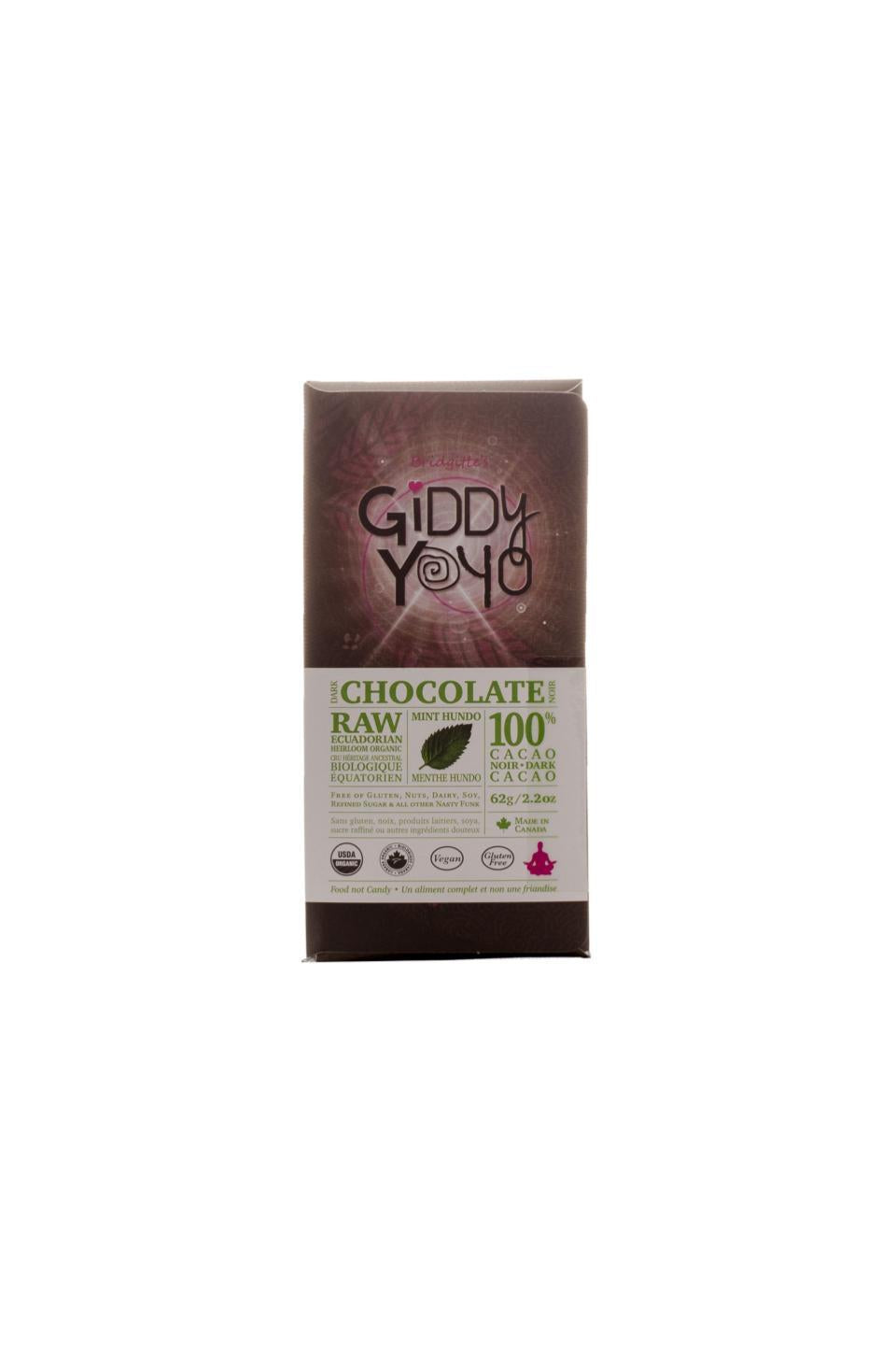 Giddy Yo Mint Hundo 100% Dark Chocolate Bar Certified Organic 60g